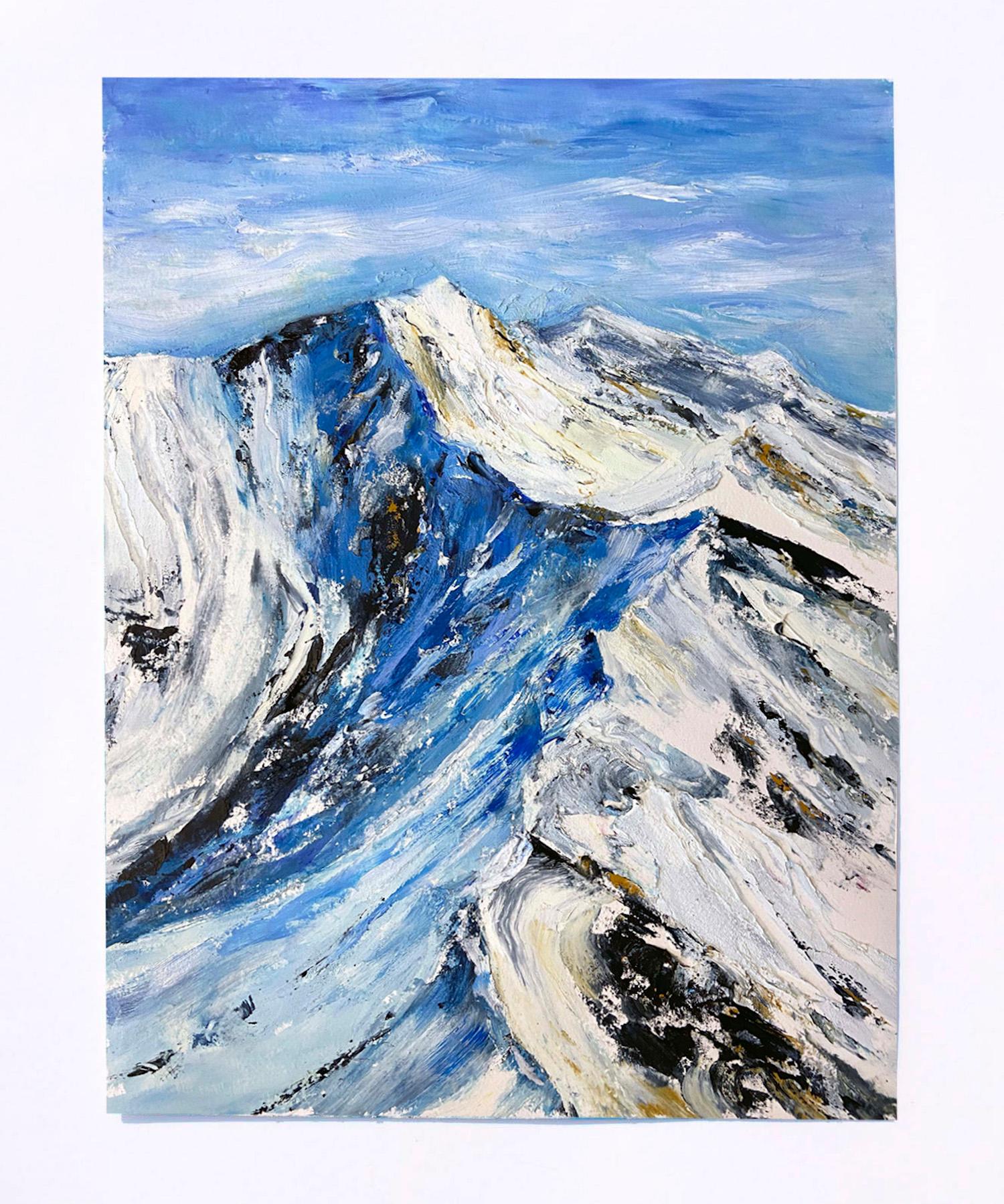<p>Artist Comments<br>A snow-covered mountain basks in sunlight while thin clouds drift in the crisp and cold air. Adding depth and contrast to the scene, shadows fall in bright blue on one side of the terrain. Painted using palette knives and