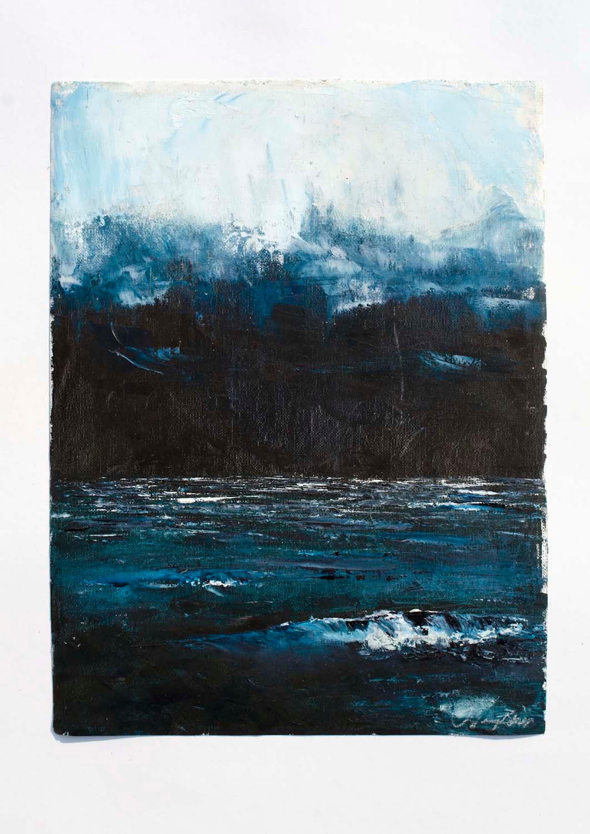 <p>Kommentare des Künstlers<br>Die Künstlerin Tiffany Blaise fängt ein ruhiges Meer unter einem bedeckten Nachthimmel ein. In der Abenddämmerung legt sich ein dicker Nebel über die Atmosphäre. Das ruhige Wasser leuchtet in einem dunklen Indigoton.