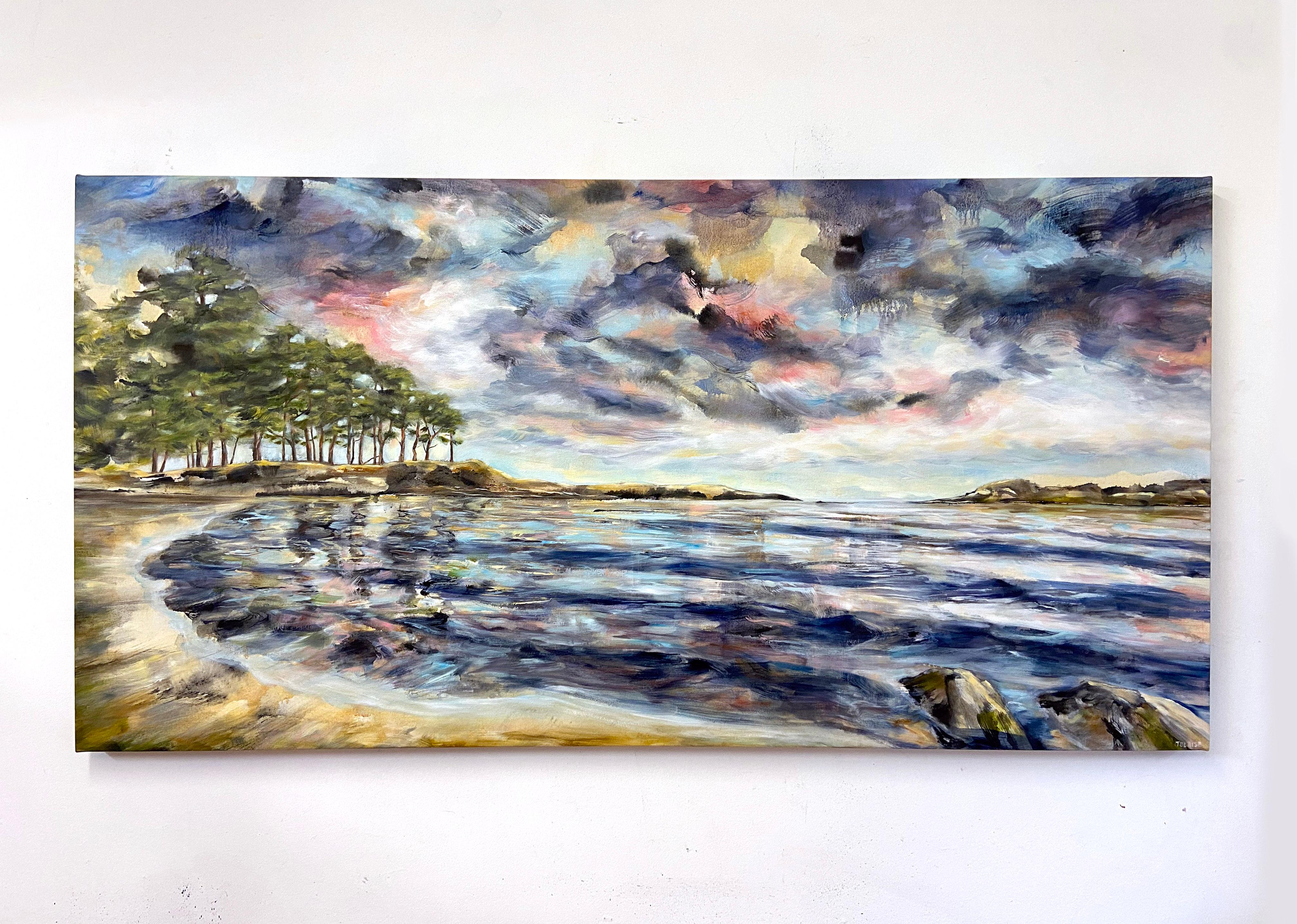 <p>Artist Comments<br>This vibrant seascape depicts the dynamic reflections of trees and clouds on the gentle waves. Several layers of fluid washes of oil paint and ink impart a dreamlike quality to the composition, while the interplay of colors and