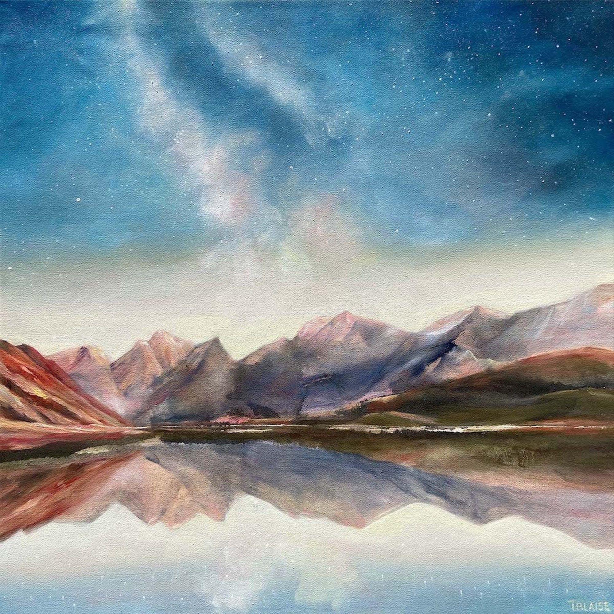 "Air, Earth and Sky" is part of the The "Summits and Starlight" collection.  The "Summits and Starlight" collection of paintings captures the spirit of the aurora borealis shining over mountain peaks.  Inspired by the mystical feel of night skies