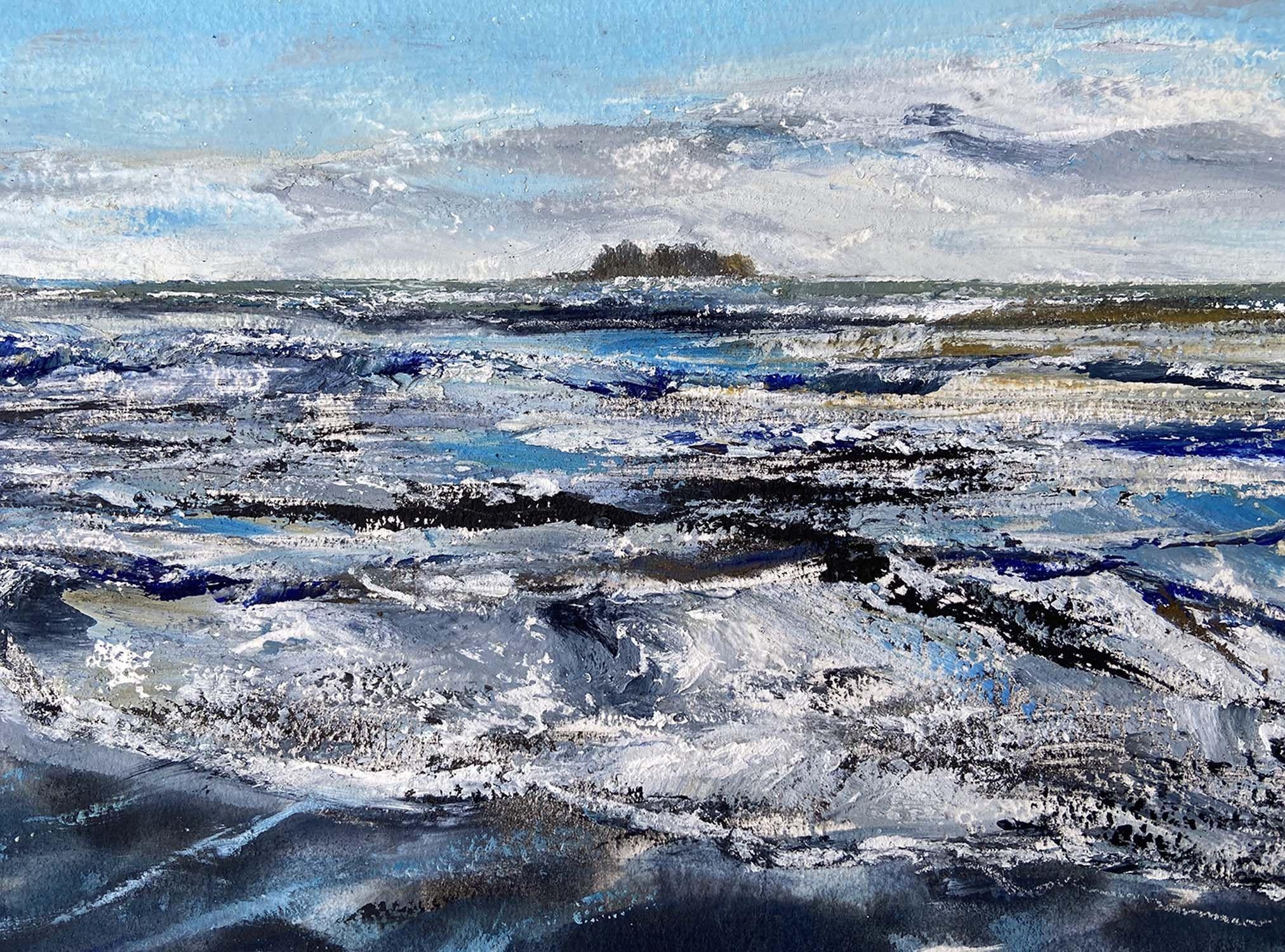 Indigo Shore, Painting, Oil on Paper For Sale 1