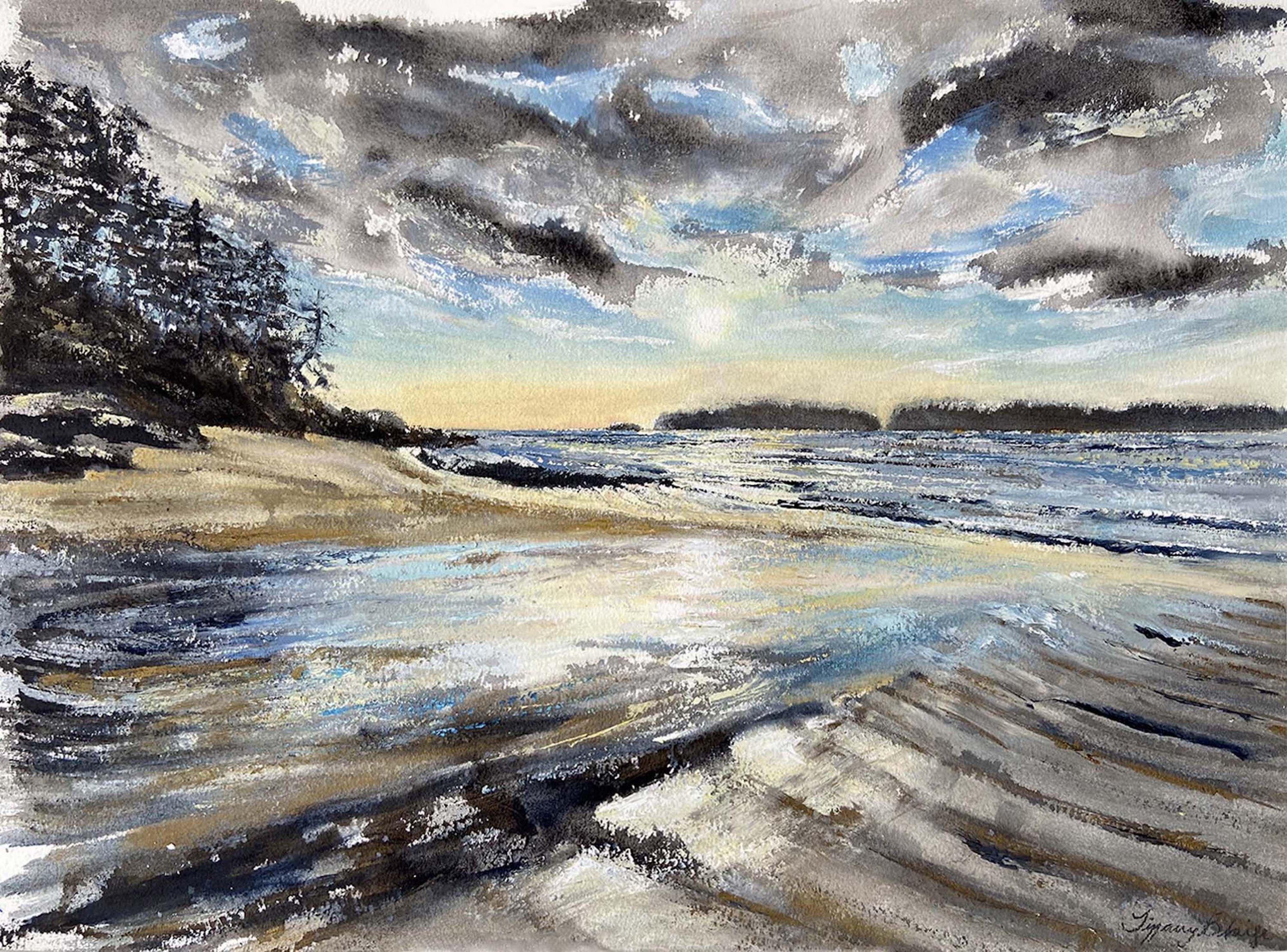 Original mixed-media painting on paper of a coastal landscape composed of ink, oil paint and cold wax medium. This textured artwork is created with a palette knife and brushes. It is inspired by glowing light on sand. :: Painting :: Expressionism ::