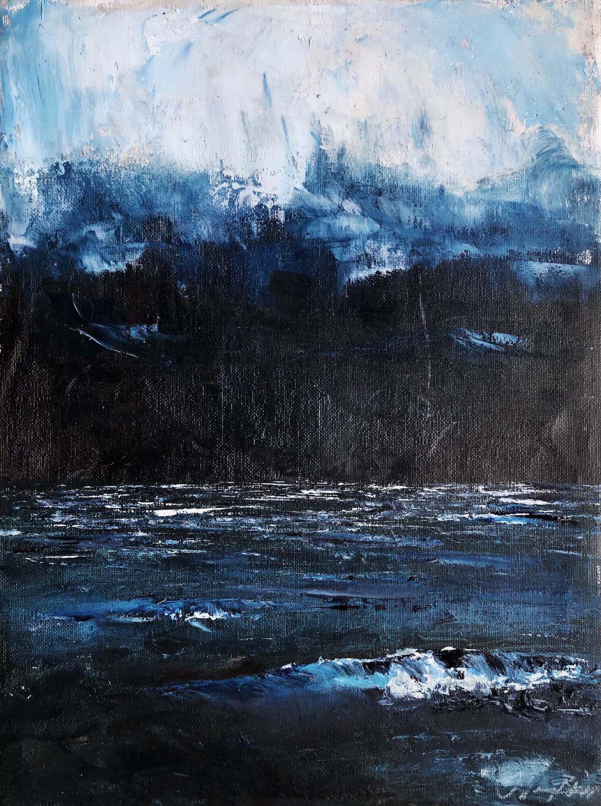 Original mixed media painting of a seascape at night. This dynamic artwork is inspired by the movement and energy of the ocean and expresses the vitality and transformative power of the sea, along with its intimate link to human emotion.      ::