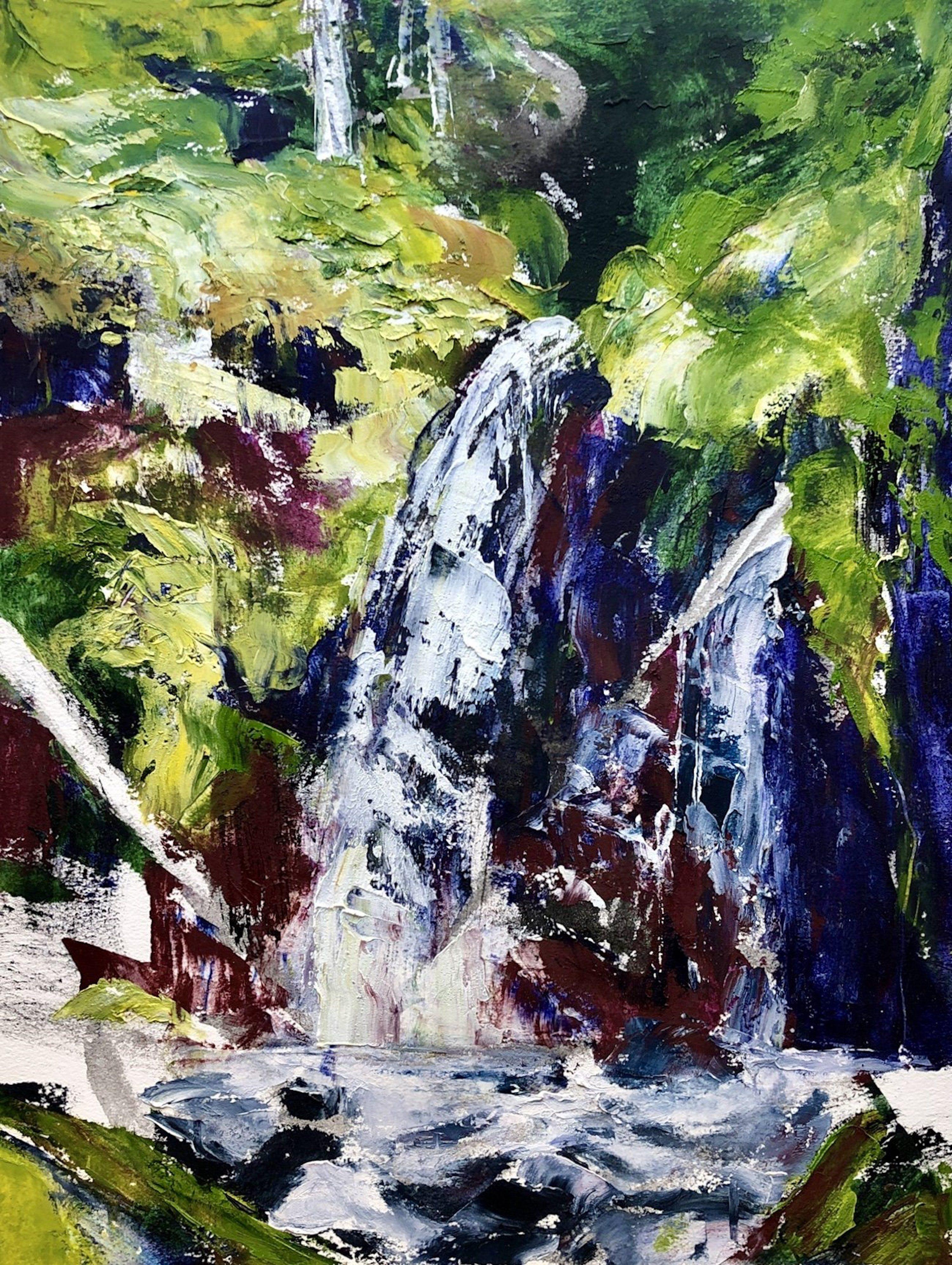 Oil, ink and cold wax painting on paper created with a palette knife on Arches oil paper. This painting captures a dynamic waterfall encountered on a forest walk.     :: Painting :: Expressionism :: This piece comes with an official certificate of