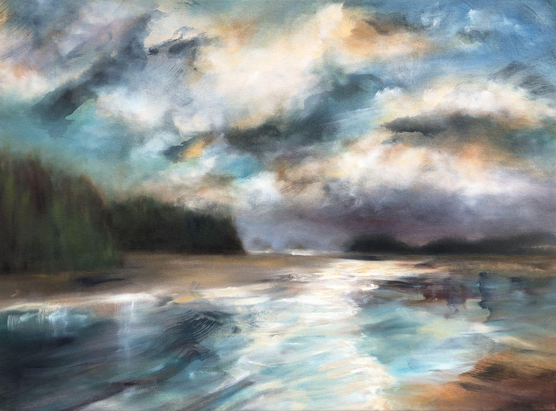 "Sunshine Gilds the Morning" is part of the â€œHalcyonâ€ collection of paintings. The scene of expansive skies and dreamy water reflections summons a sense of tranquility and an atmosphere of peace.  Inspired by the Romantics, such as W.M.Turner,