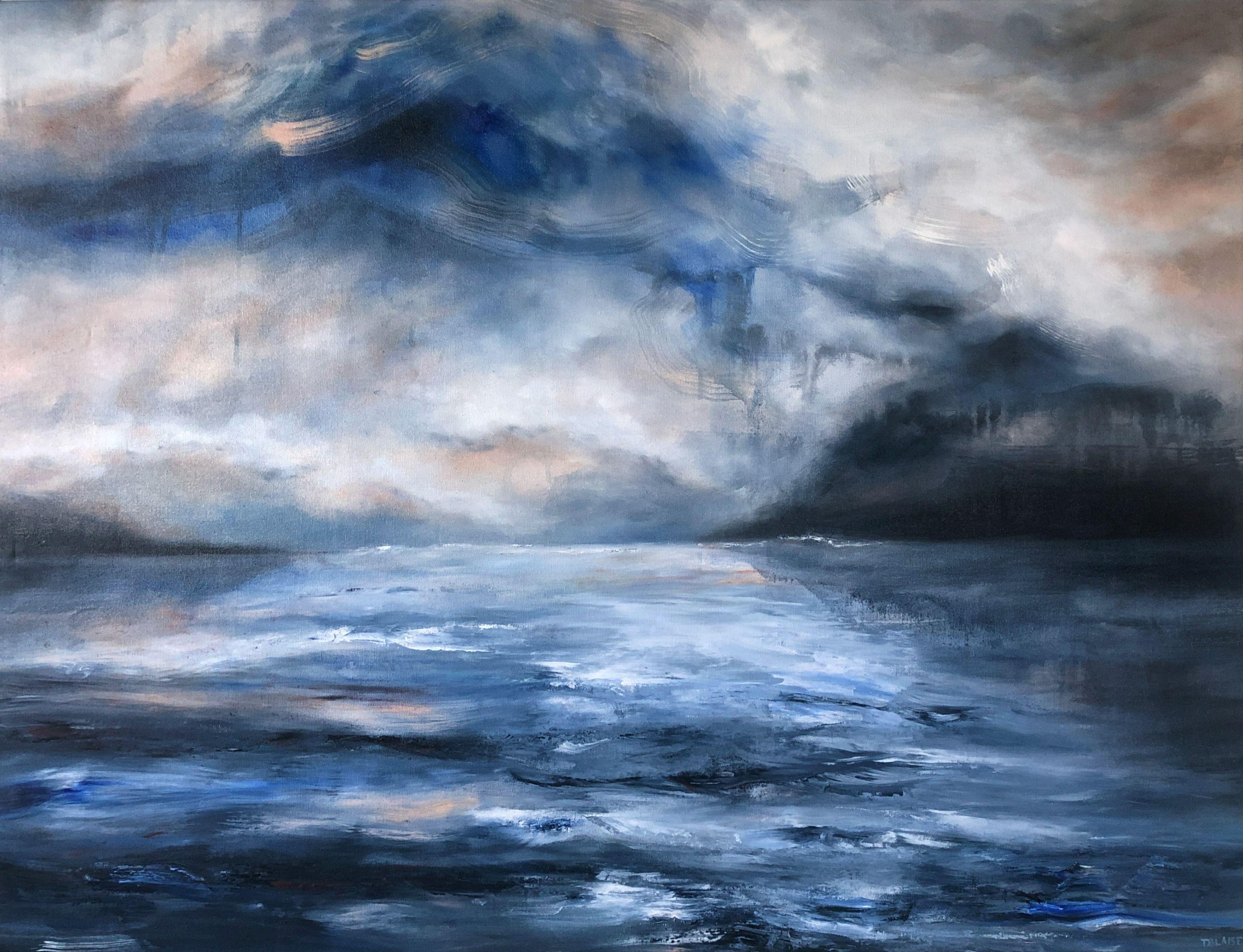 Traveling Water is an original painting that explores an imagined coastal landscape. It is inspired by the idea of seeking light in darkness and finding a sense of calm after the storm. The mixed media painting is brought to life through the