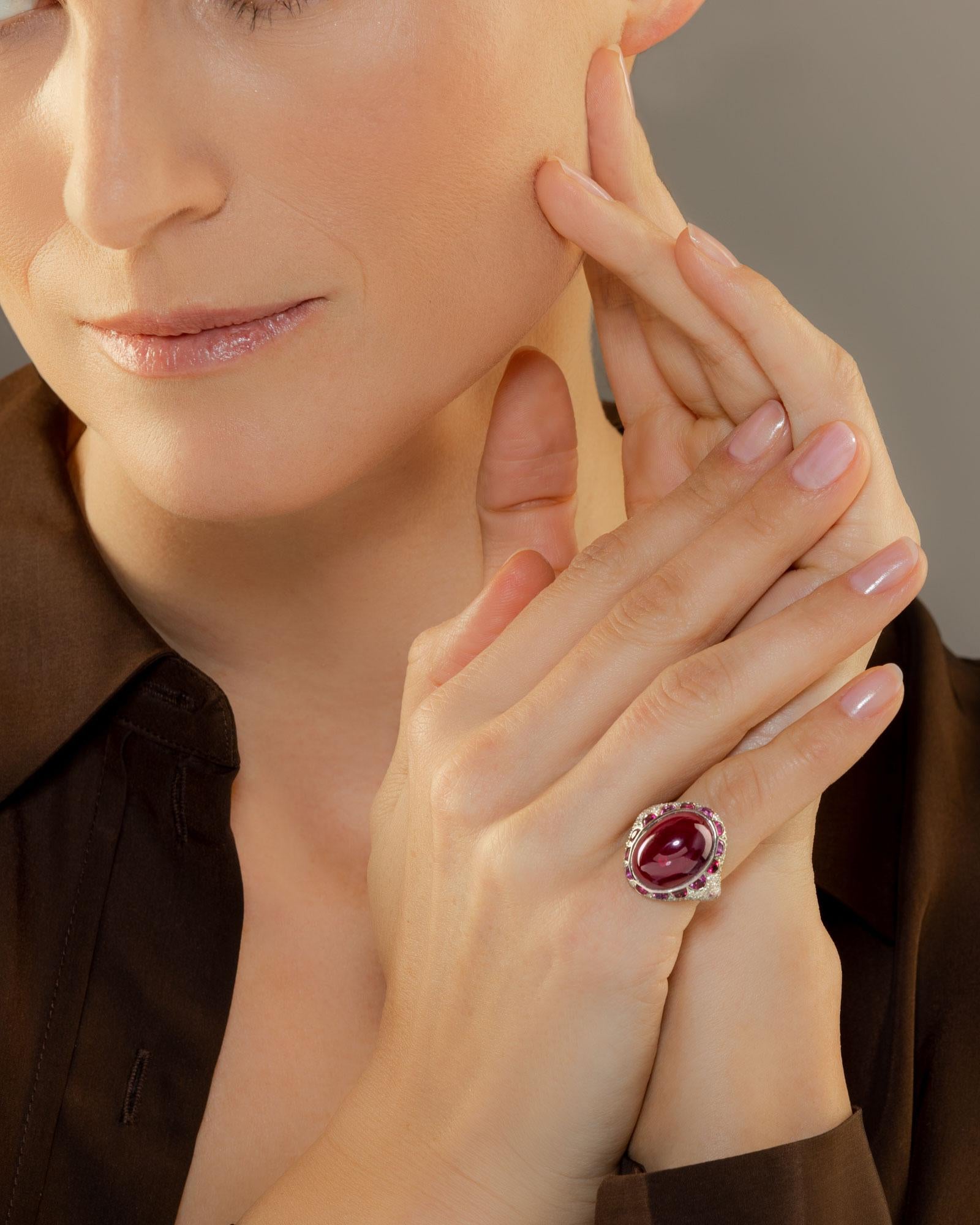 Cabochon Tiffany Blue Book Rubellite, Pink Sapphire and Diamond Ring, 2011 For Sale