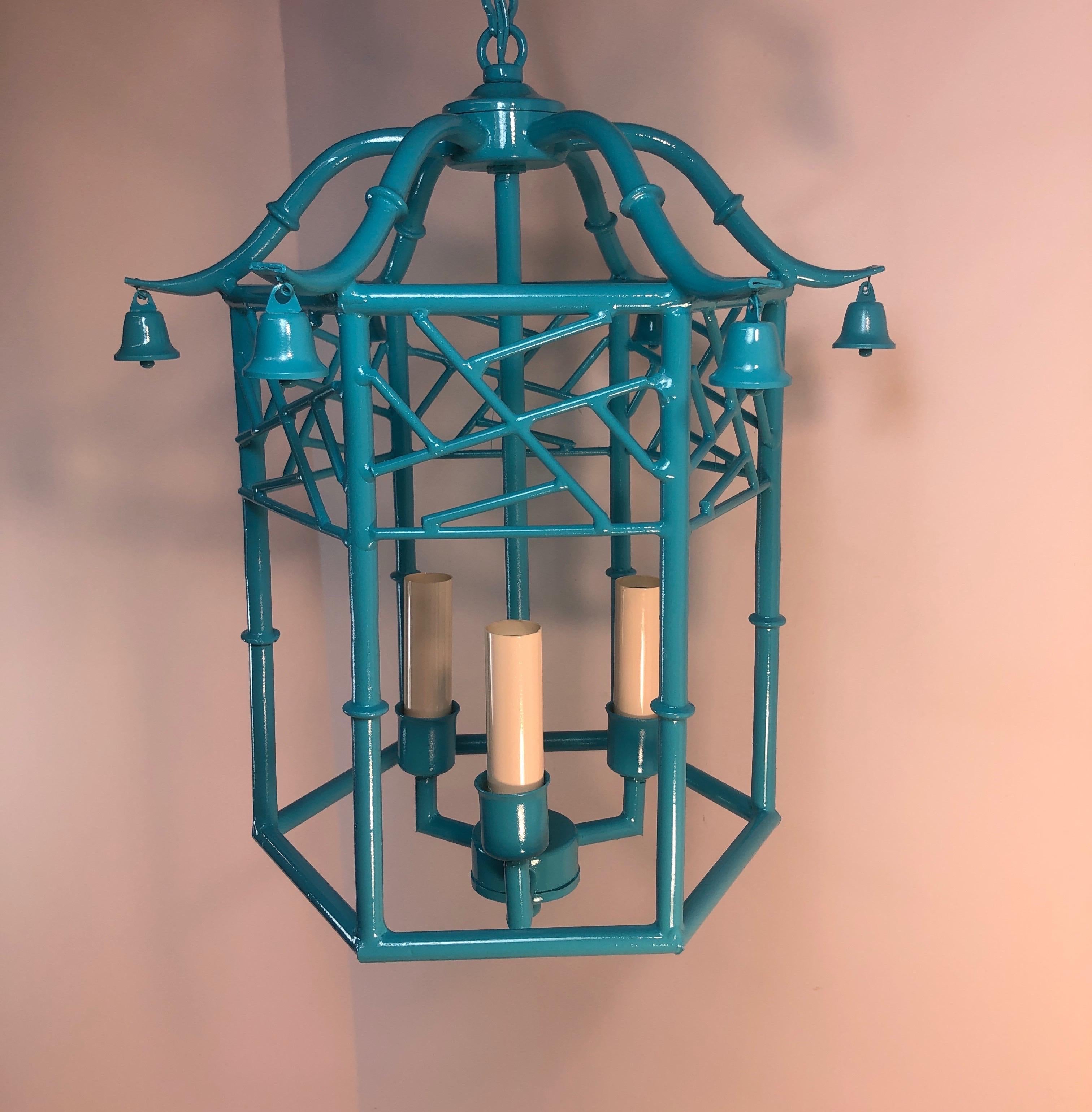 Metal Tiffany Blue Faux Bamboo Pagoda Chandelier