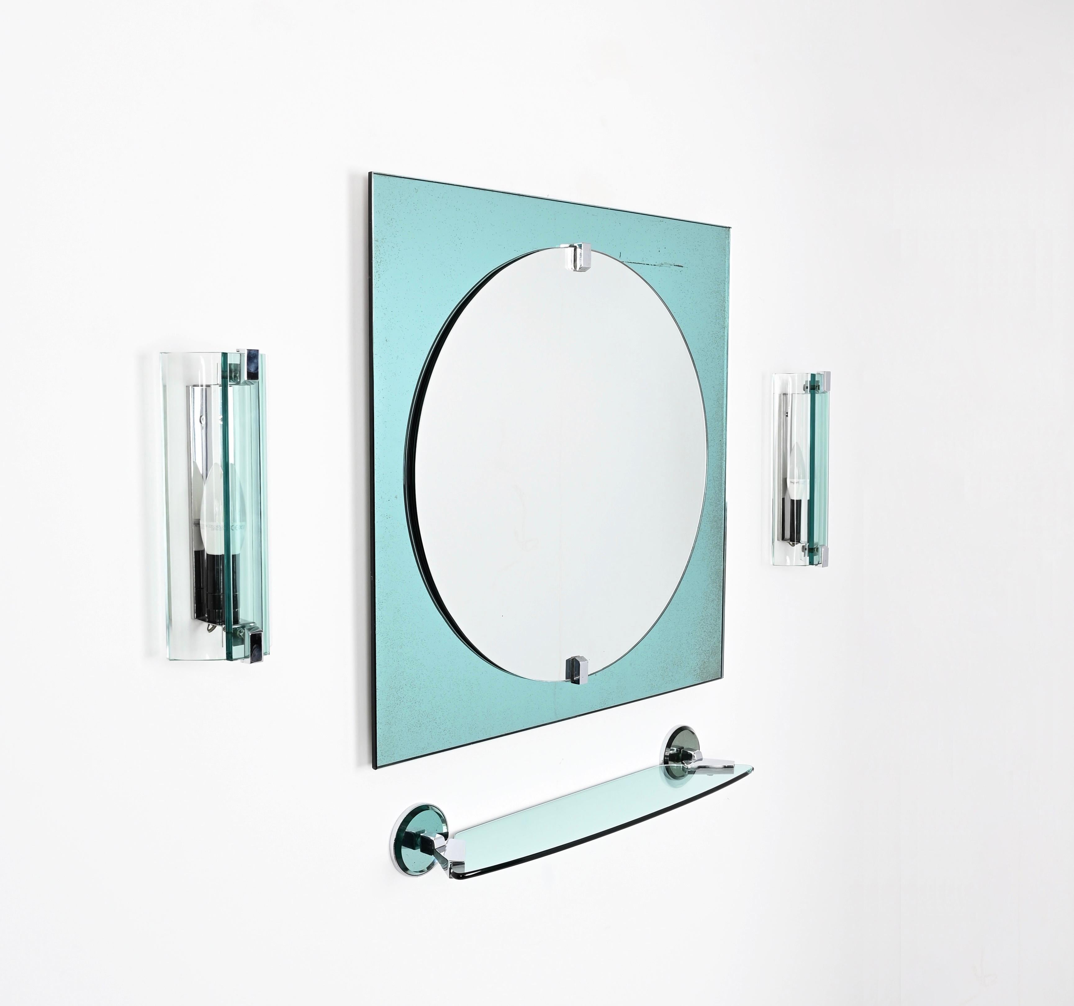 Tiffany Blue Italian Bathroom Vanity Set Mirror, Sconces, Shelf by VECA, 1970s For Sale 4