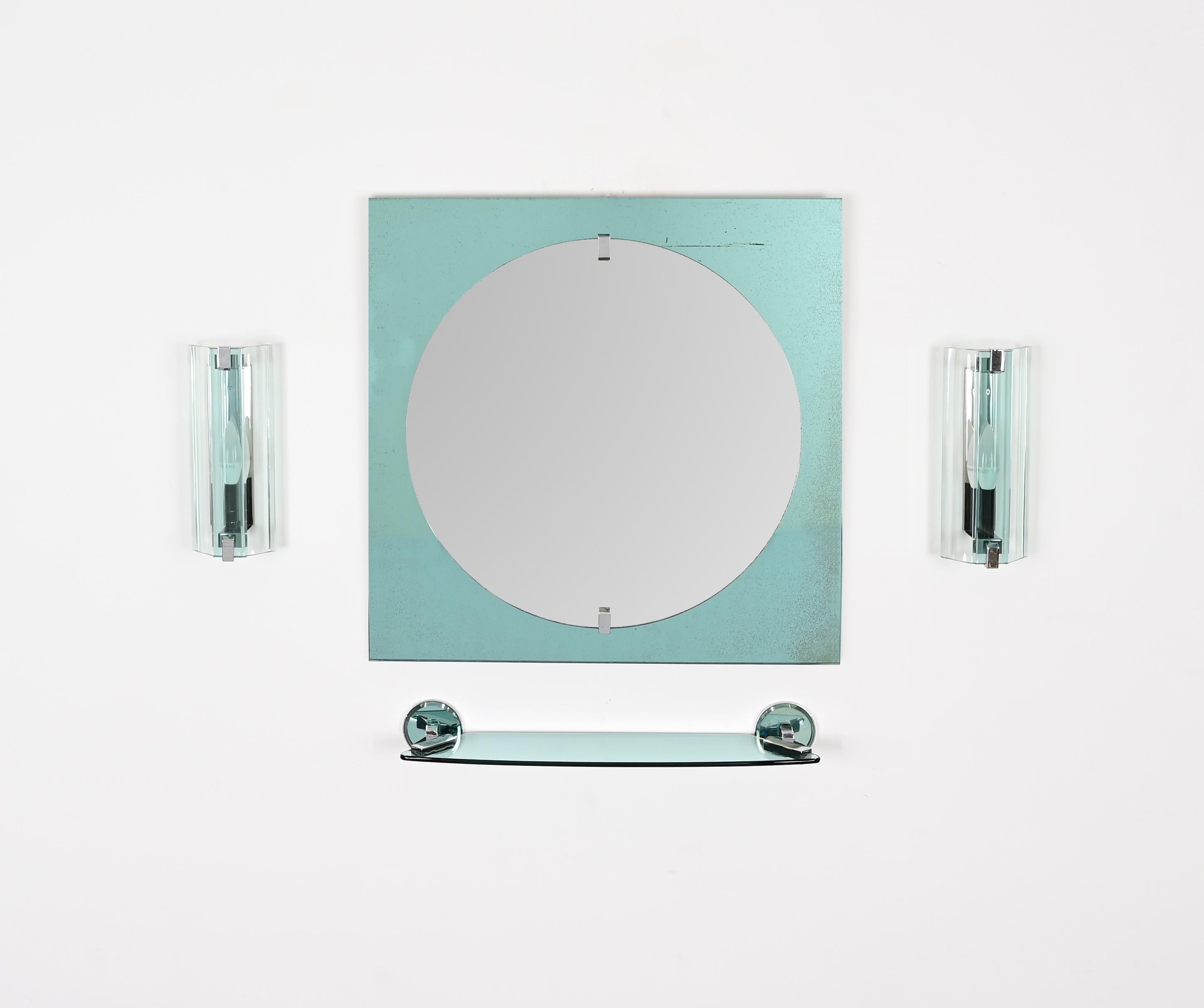 Tiffany Blue Italian Bathroom Vanity Set Mirror, Sconces, Shelf by VECA, 1970s For Sale 8