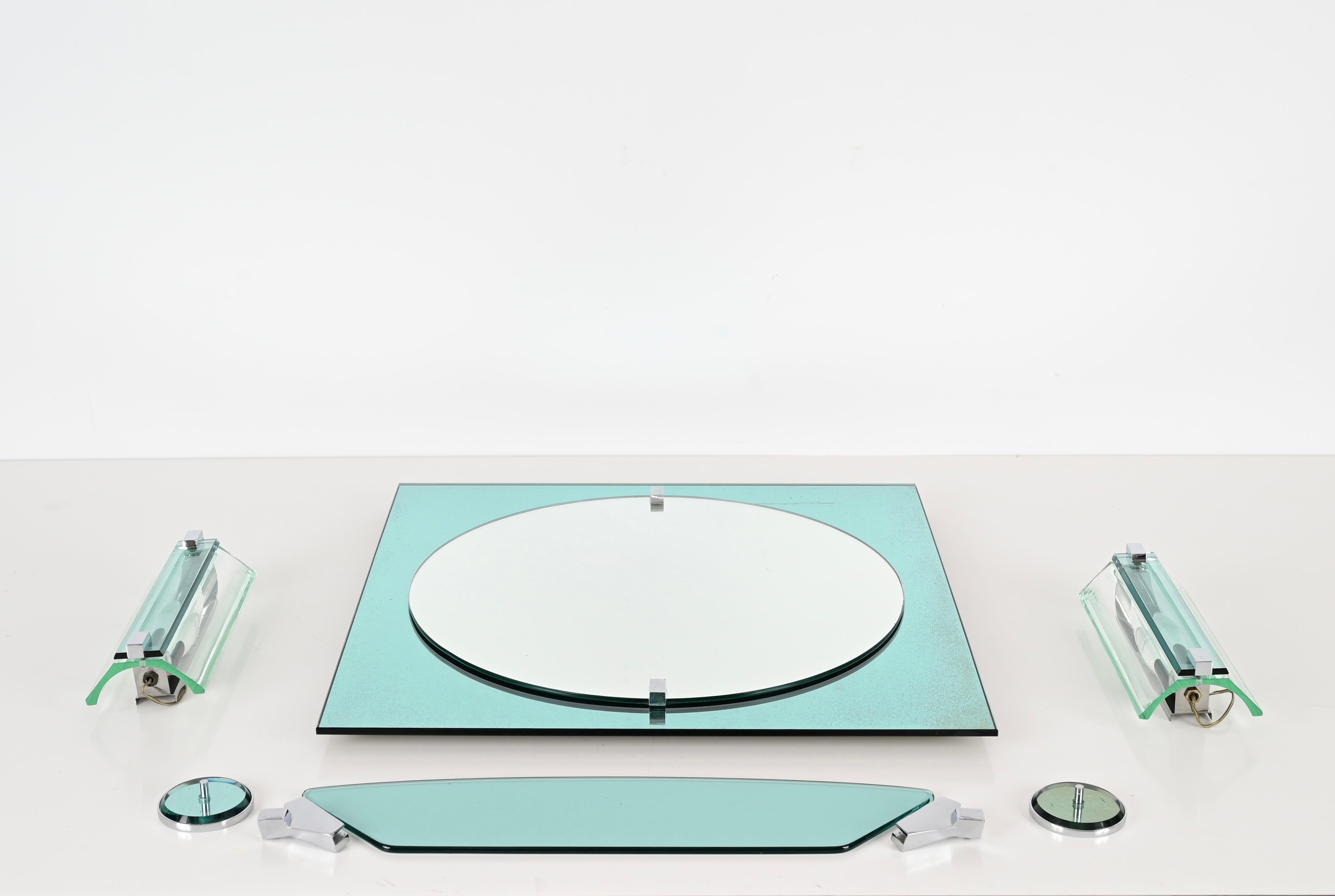 Mid-Century Modern Tiffany Blue Italian Bathroom Vanity Set Mirror, Sconces, Shelf by VECA, 1970s For Sale