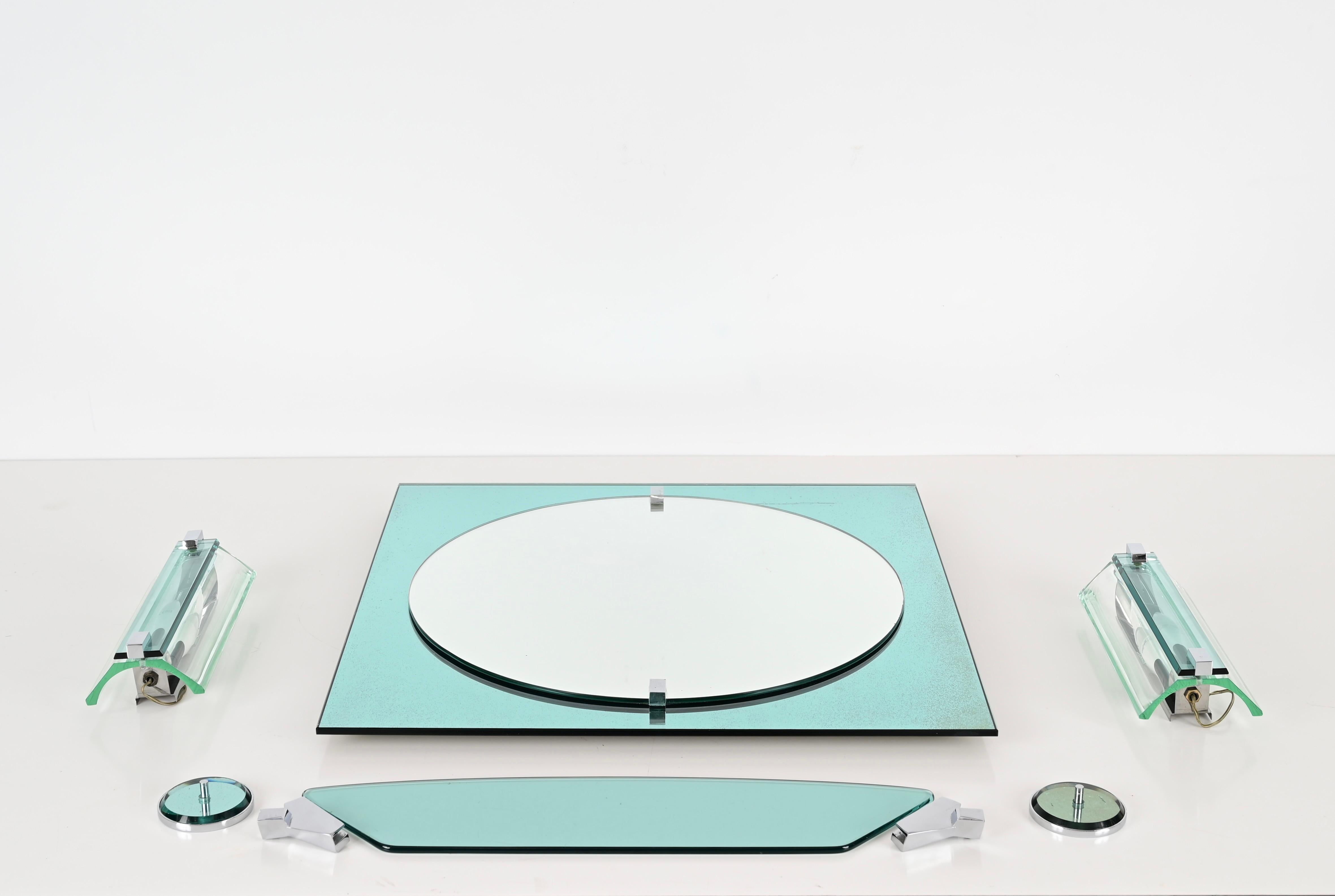 Mid-Century Modern Miroir de salle de bains italienne bleu Tiffany, appliques et étagère de VECA, 1970 en vente