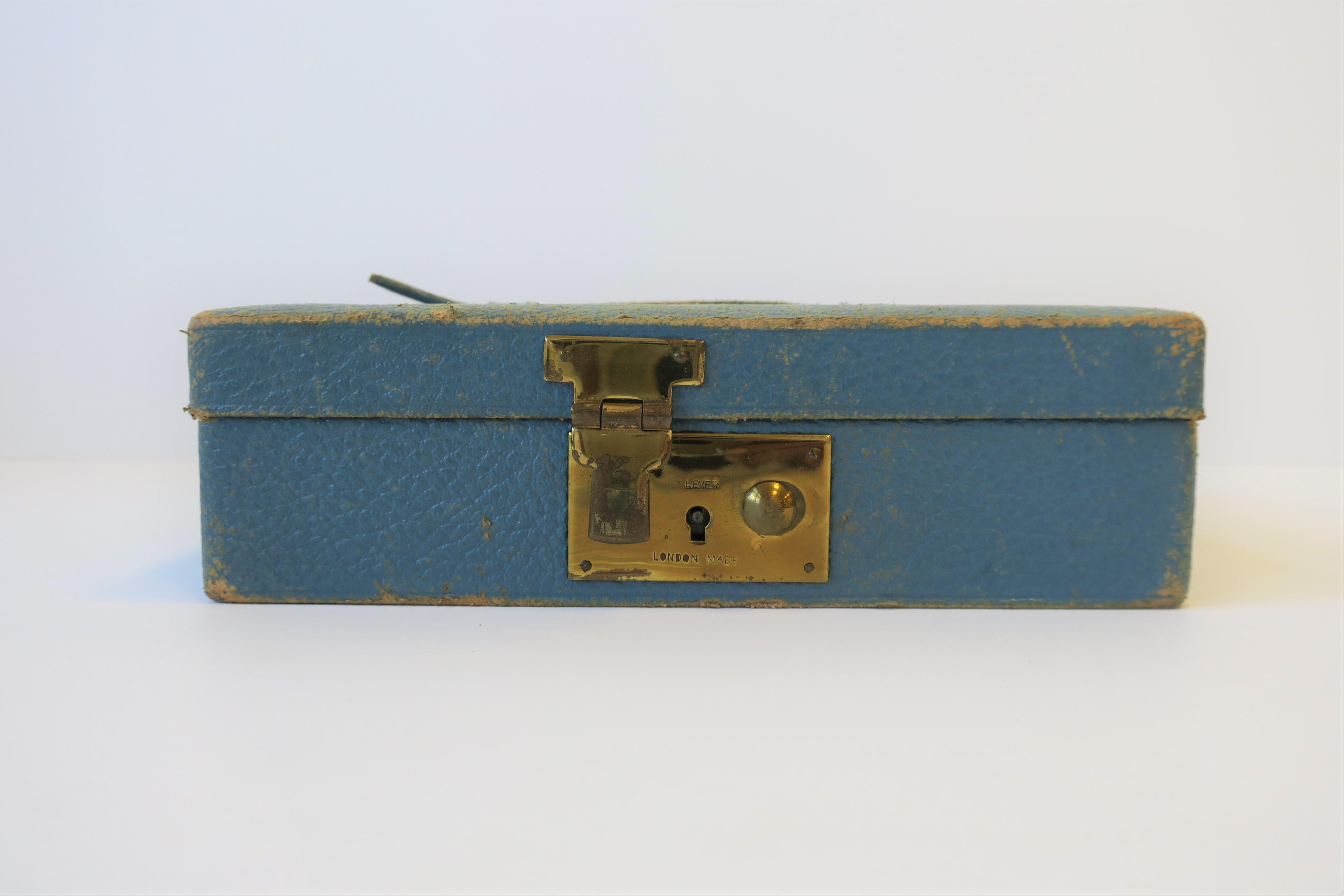 Blue Leather and Brass Jewelry Box from London 5