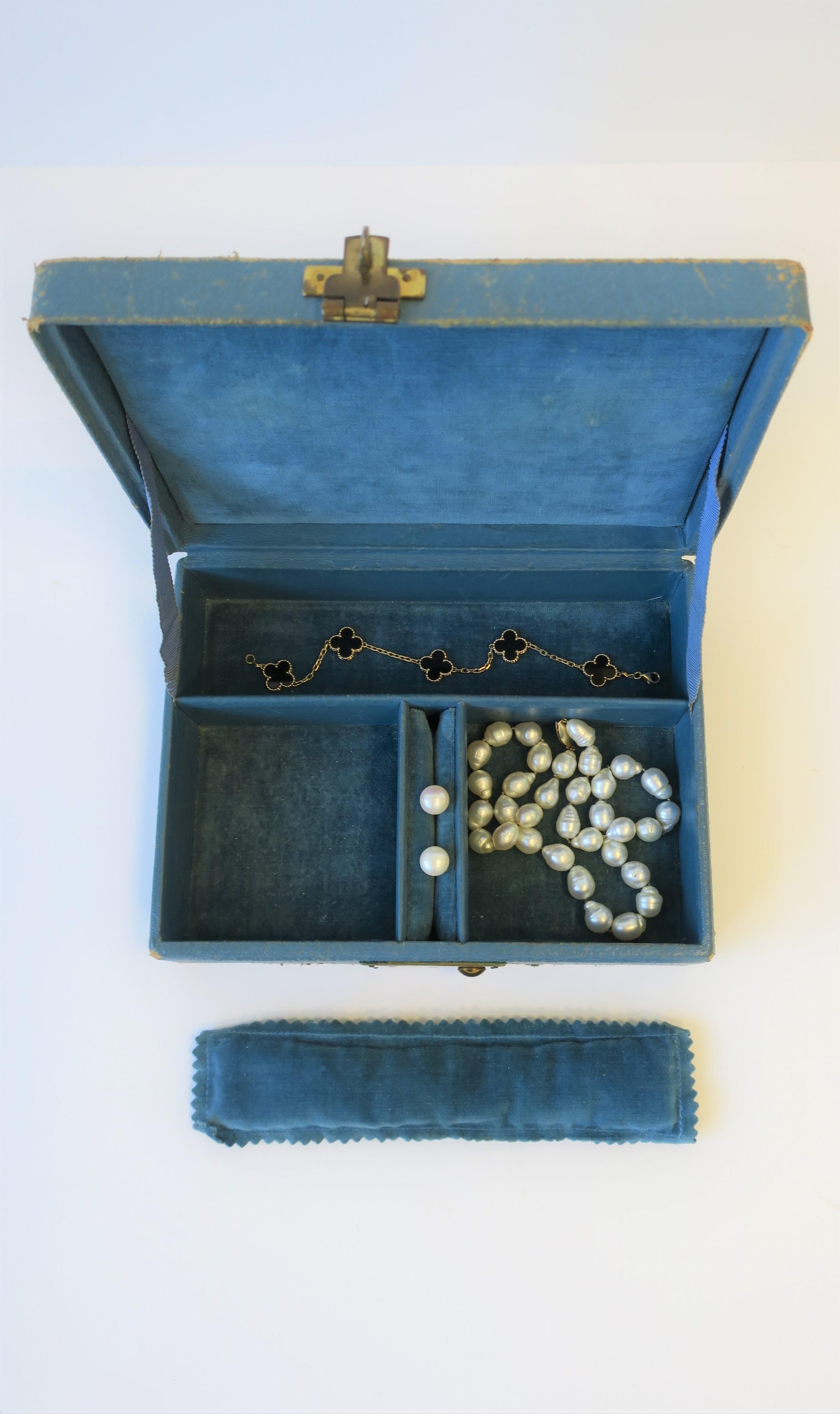 English Blue Leather and Brass Jewelry Box from London
