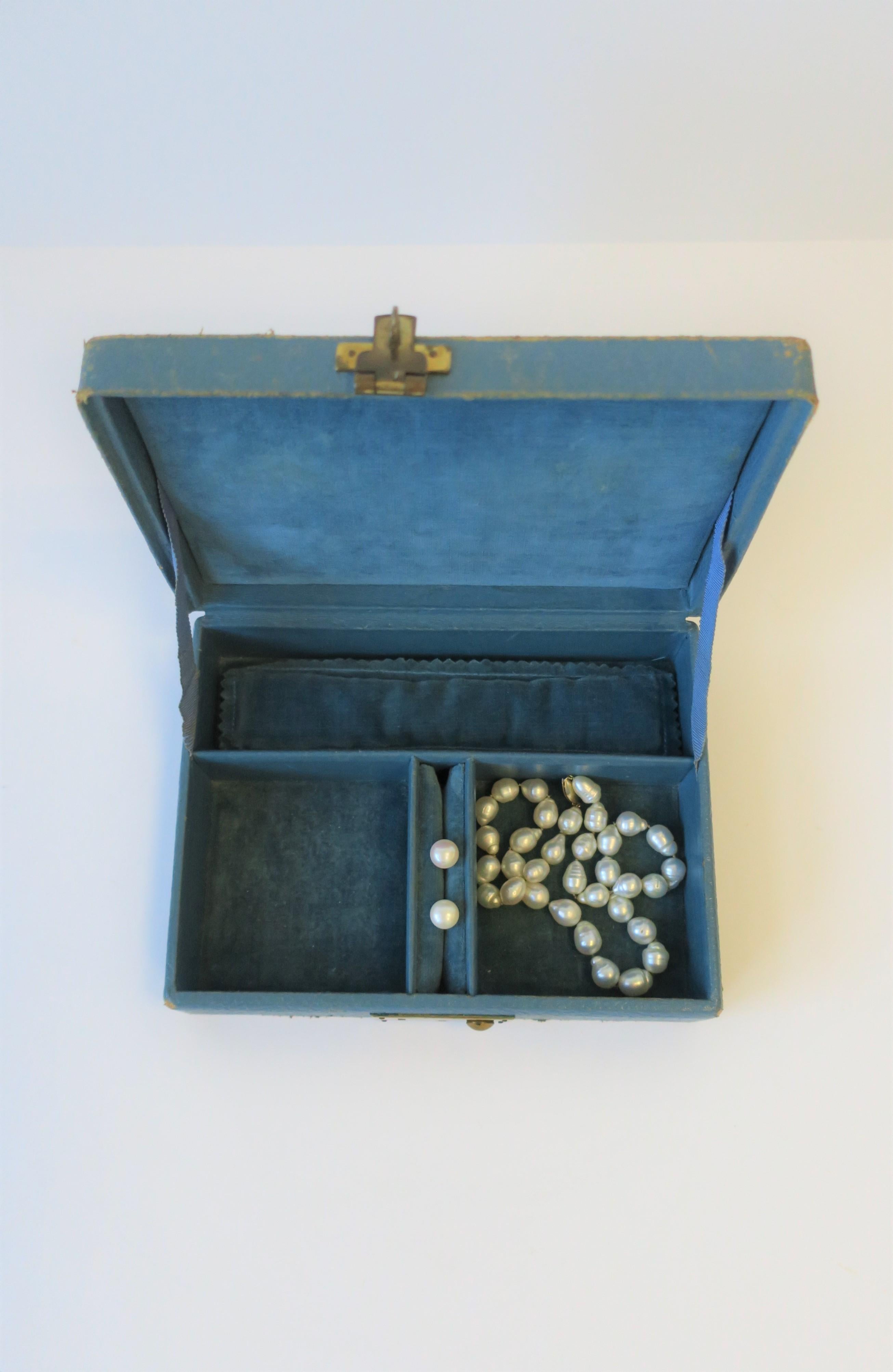 Blue Leather and Brass Jewelry Box from London In Fair Condition In New York, NY