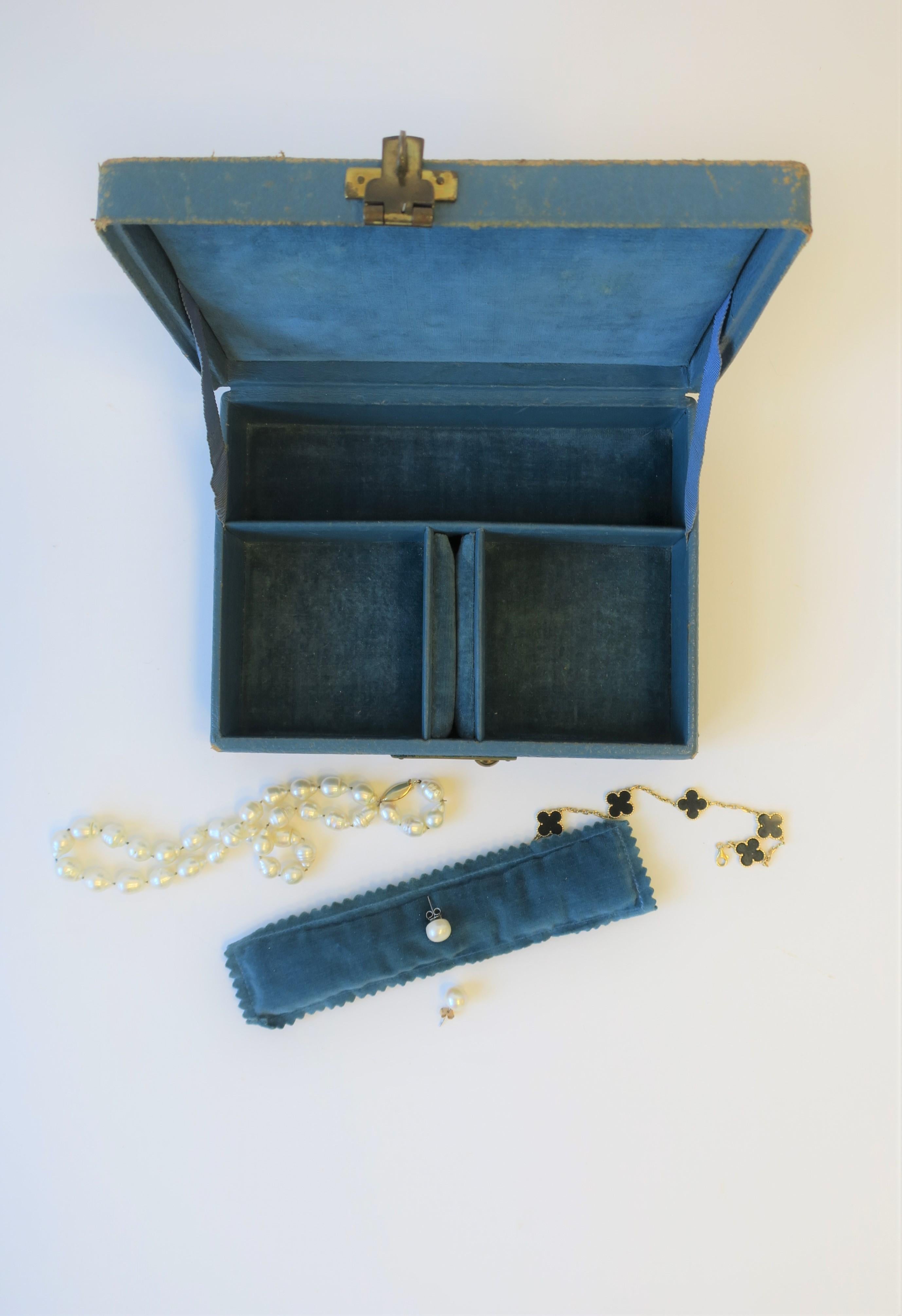 20th Century Blue Leather and Brass Jewelry Box from London