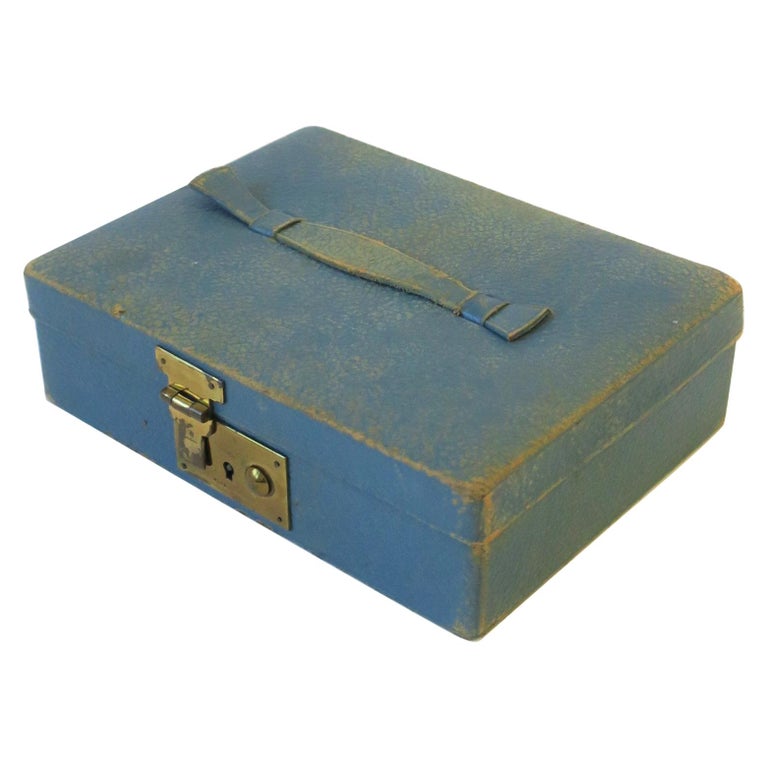 Blue Leather and Brass Jewelry Box from London For Sale at 1stDibs