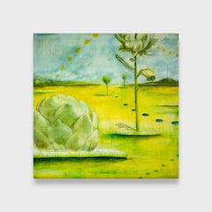 Un surreale paesaggio a encausto su Wood "Galleggiante sopra le acque dorate".