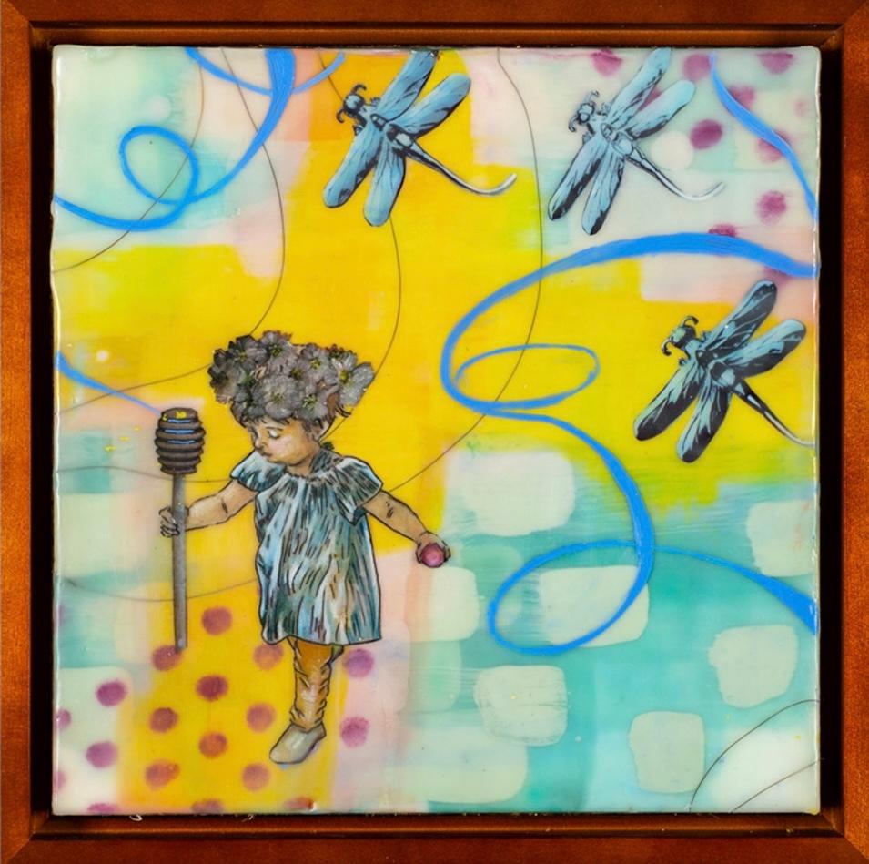 Tiffany Bociek Figurative Painting - A Surreal Encaustic on Wood "Call and Response"