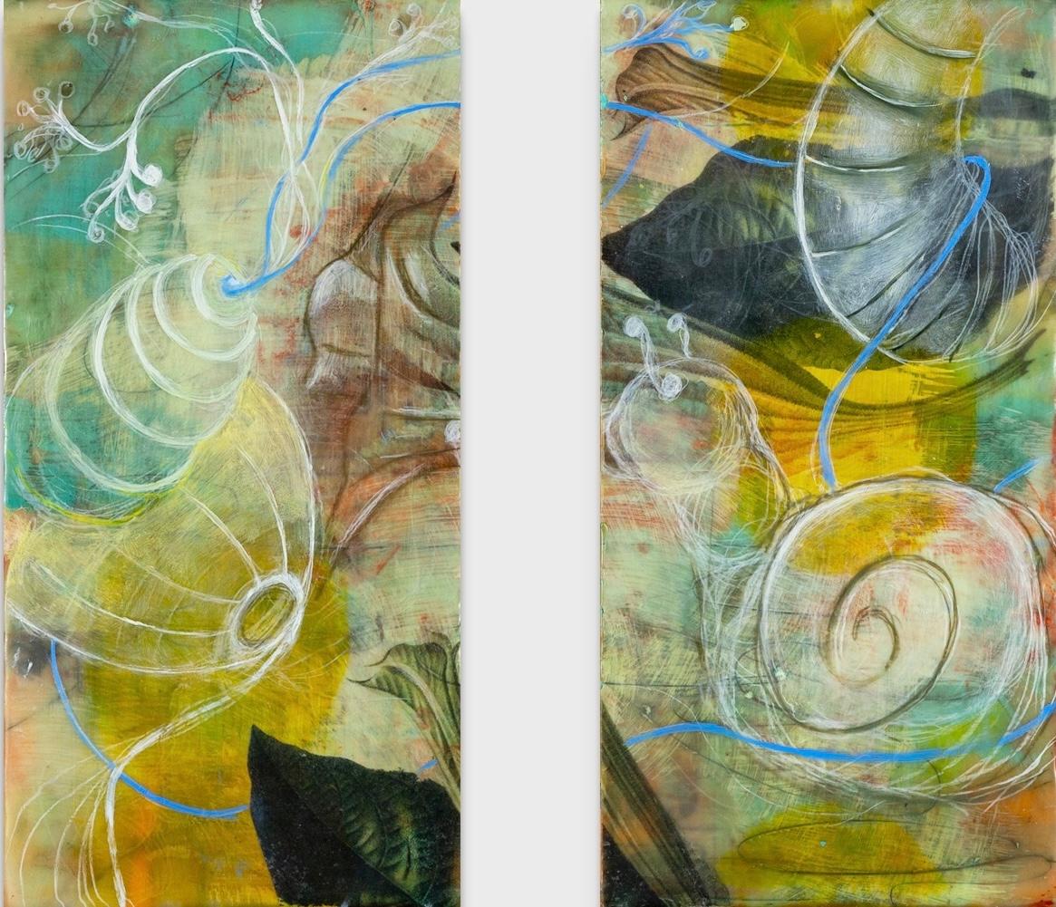 Tiffany Bociek Abstract Painting - A Surreal Encaustic on Wood "Growth at a Snails Pace (Diptych)"
