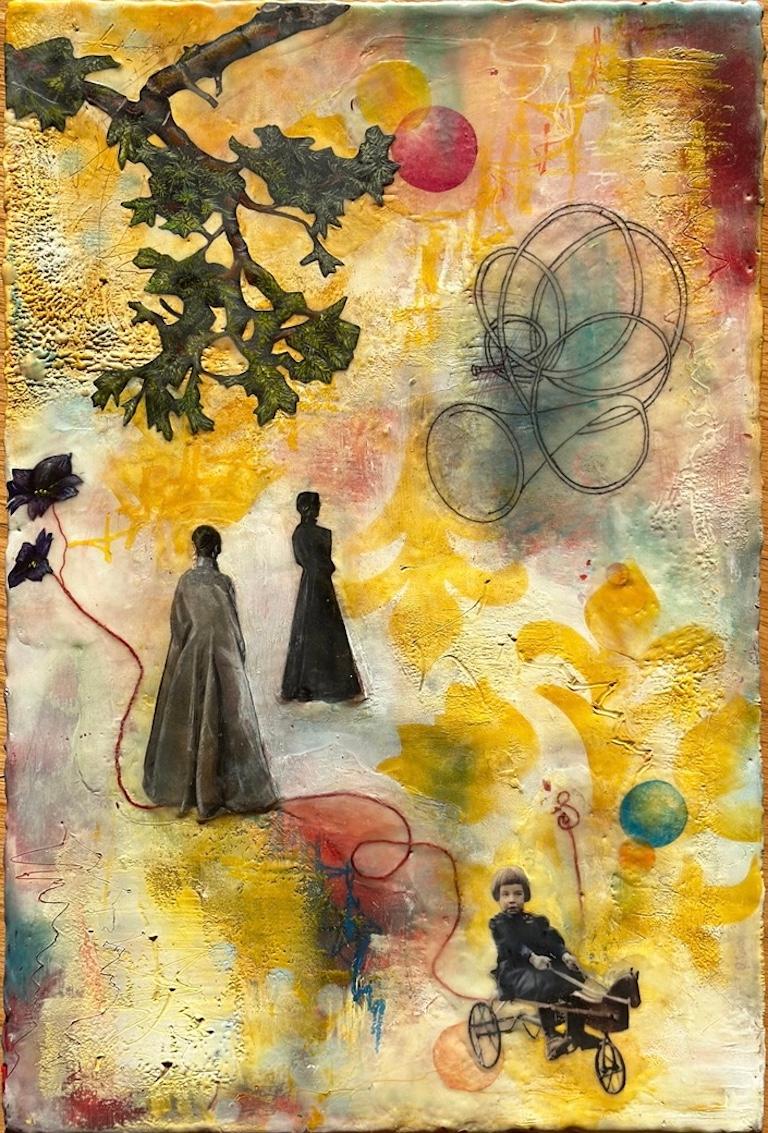 Encáustica surrealista sobre madera "Soñé con una gran escapada"
