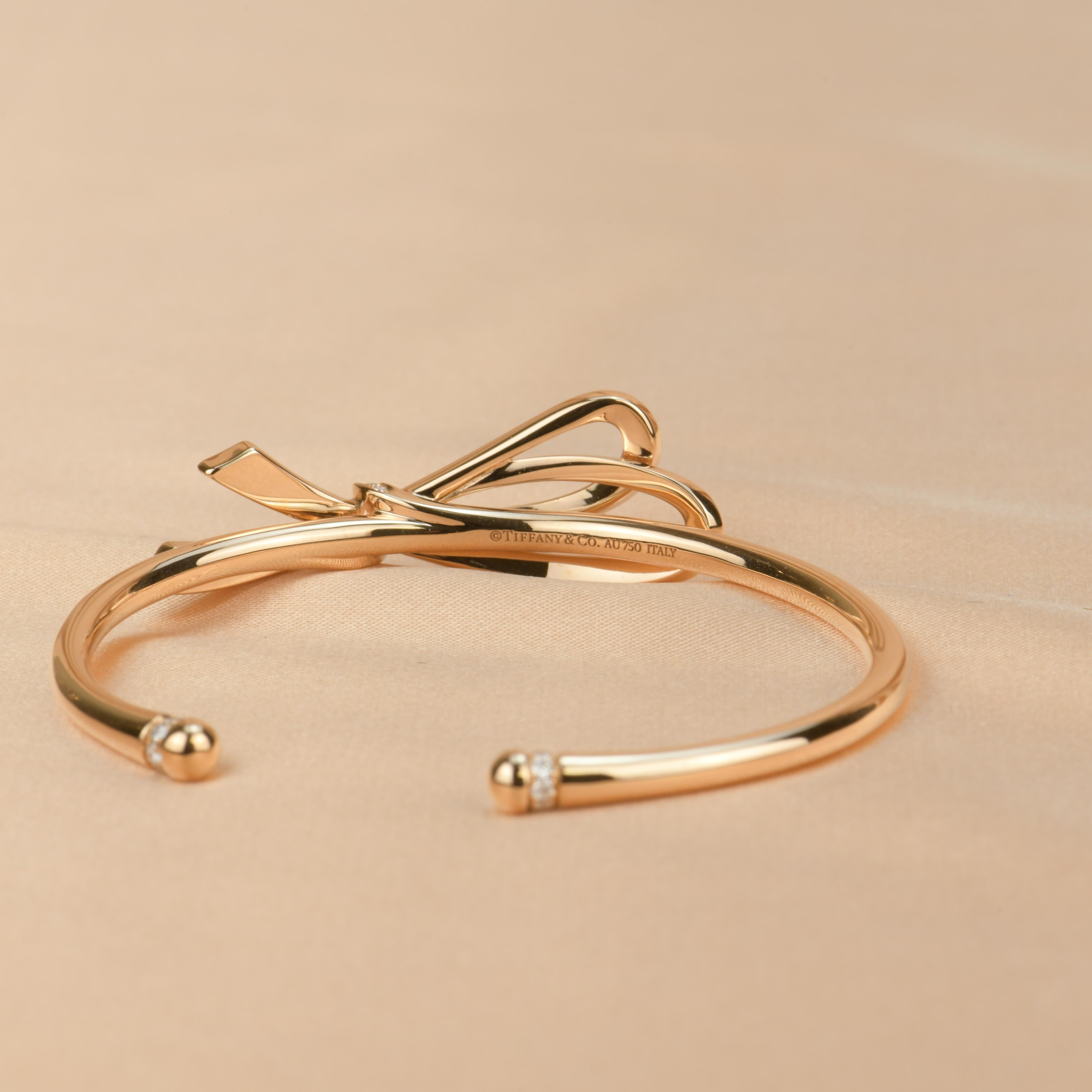 Tiffany Bow Diamond Bracelet in 18K Rose Gold Size M In Excellent Condition In Banbury, GB