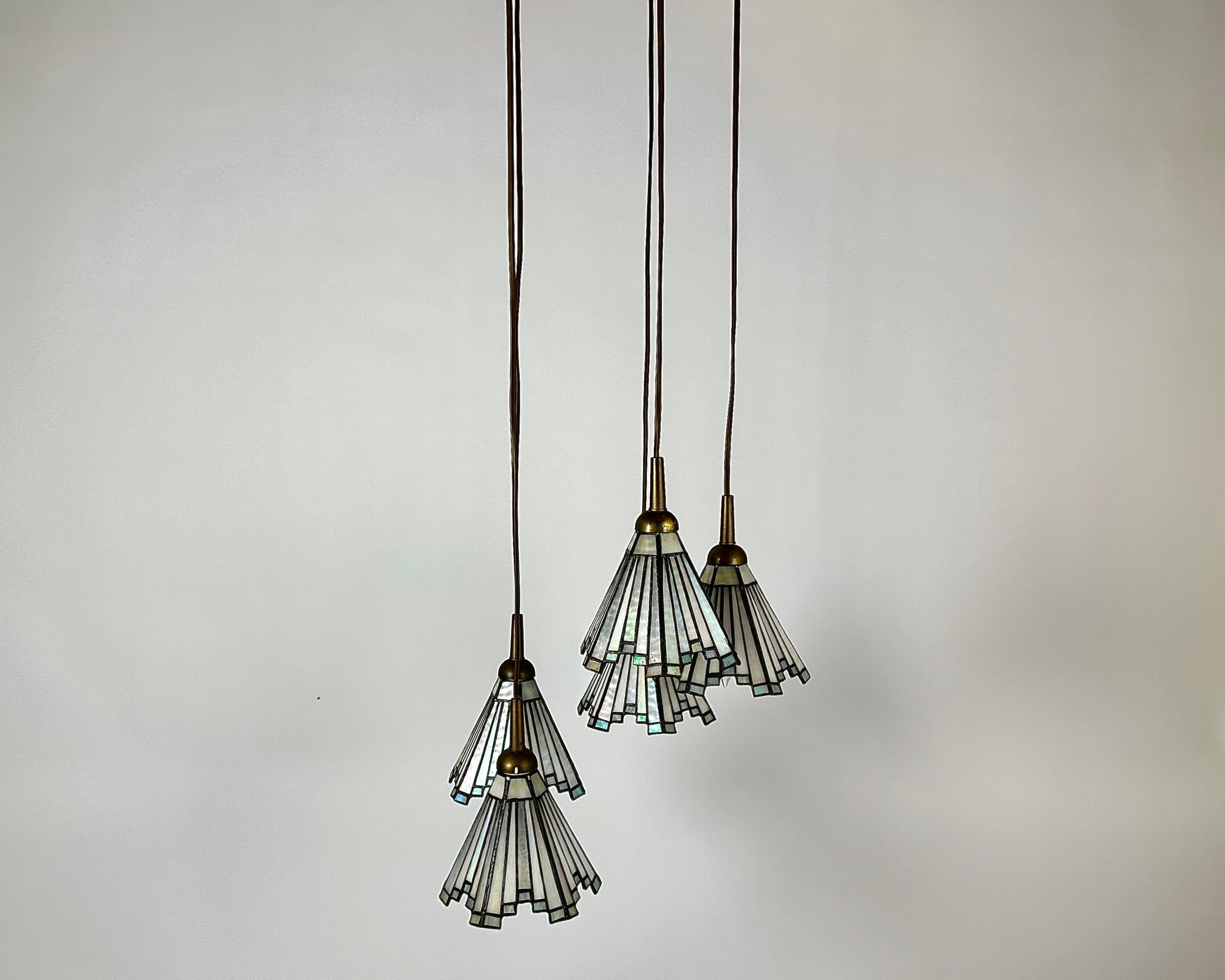 Tiffany Brass Pendant Lights by Honsel, 1960s For Sale 1