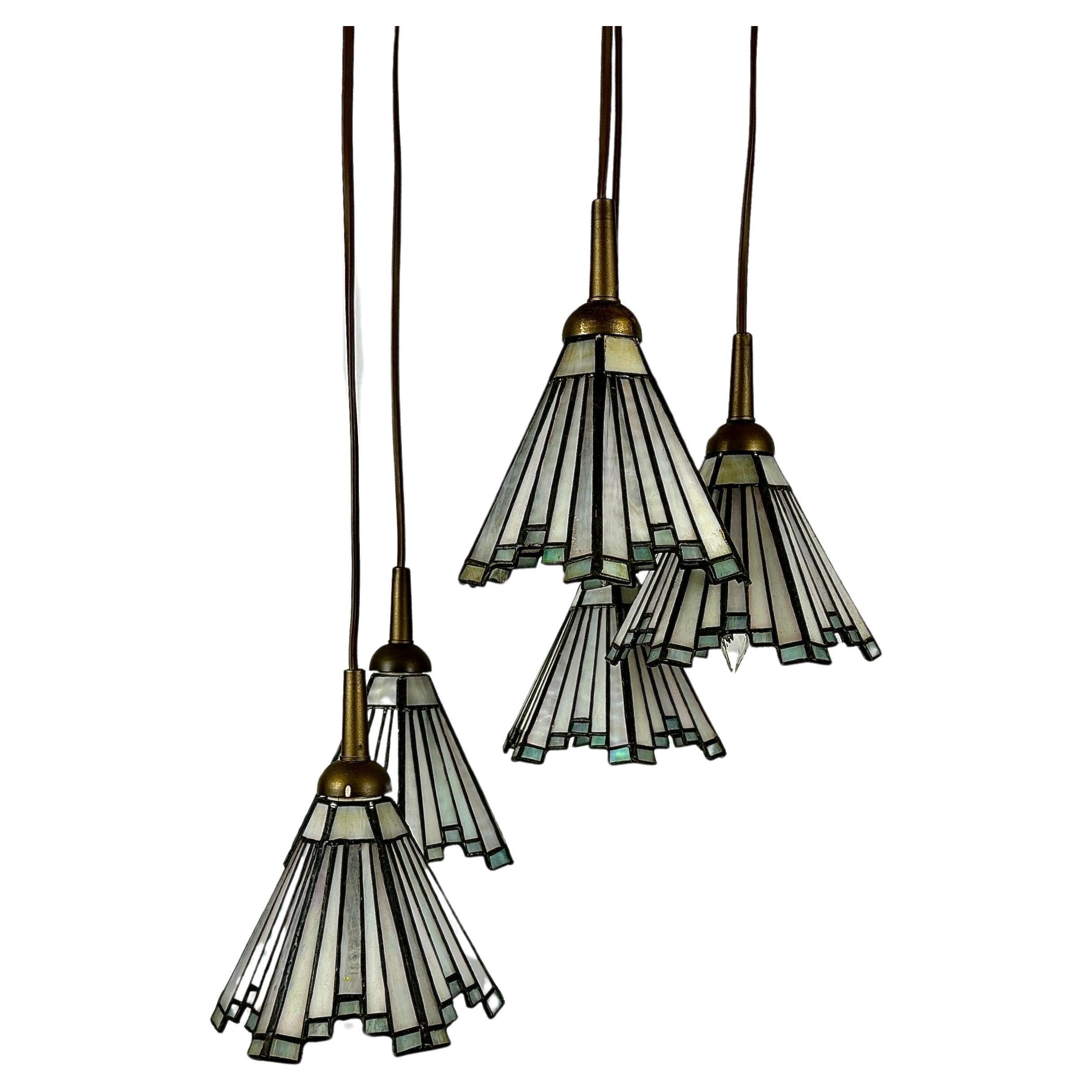 Tiffany Brass Pendant Lights by Honsel, 1960s For Sale