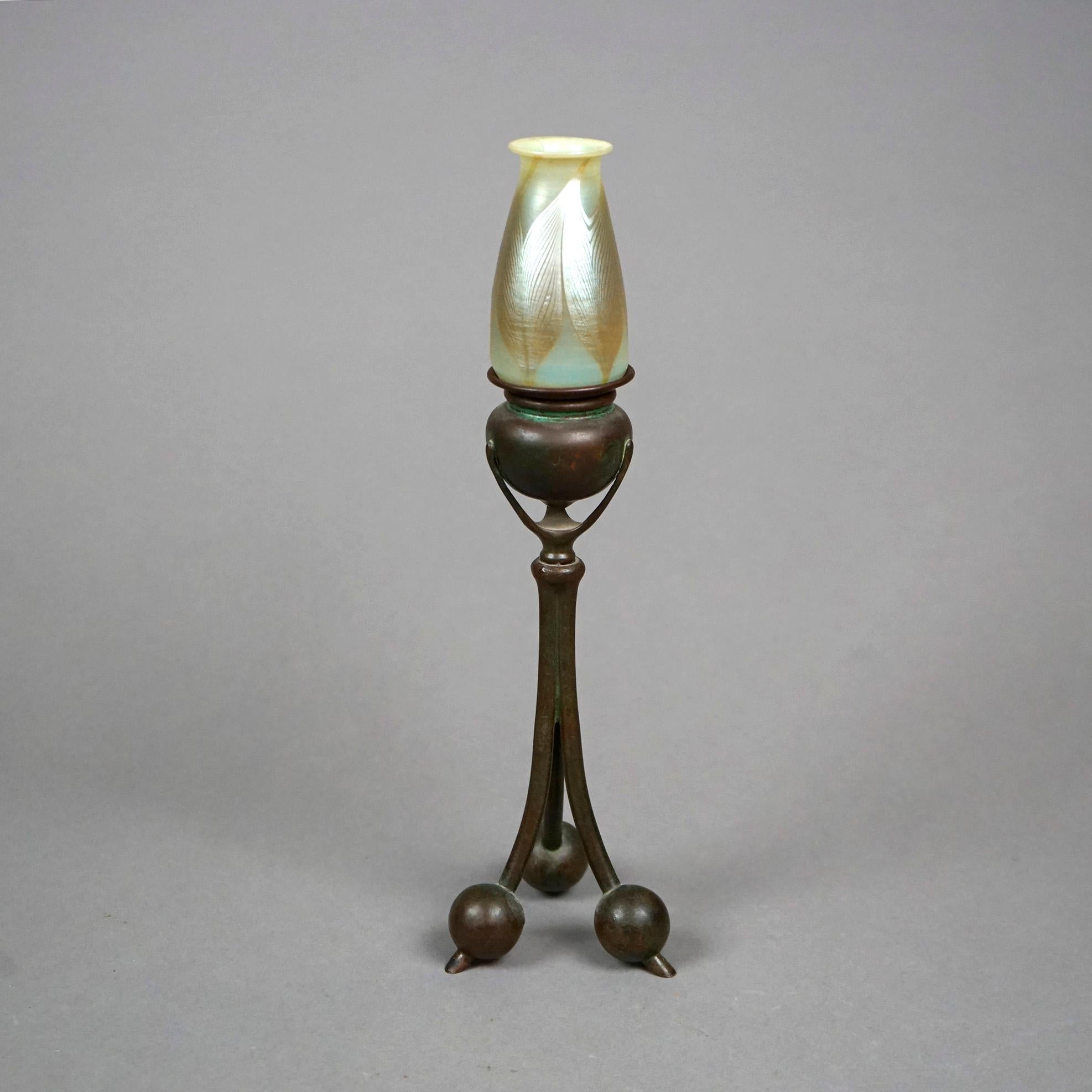 Arts and Crafts Tiffany Bronze Candlestick & Favrile Feather Art Glass Shade, Signed, c1920