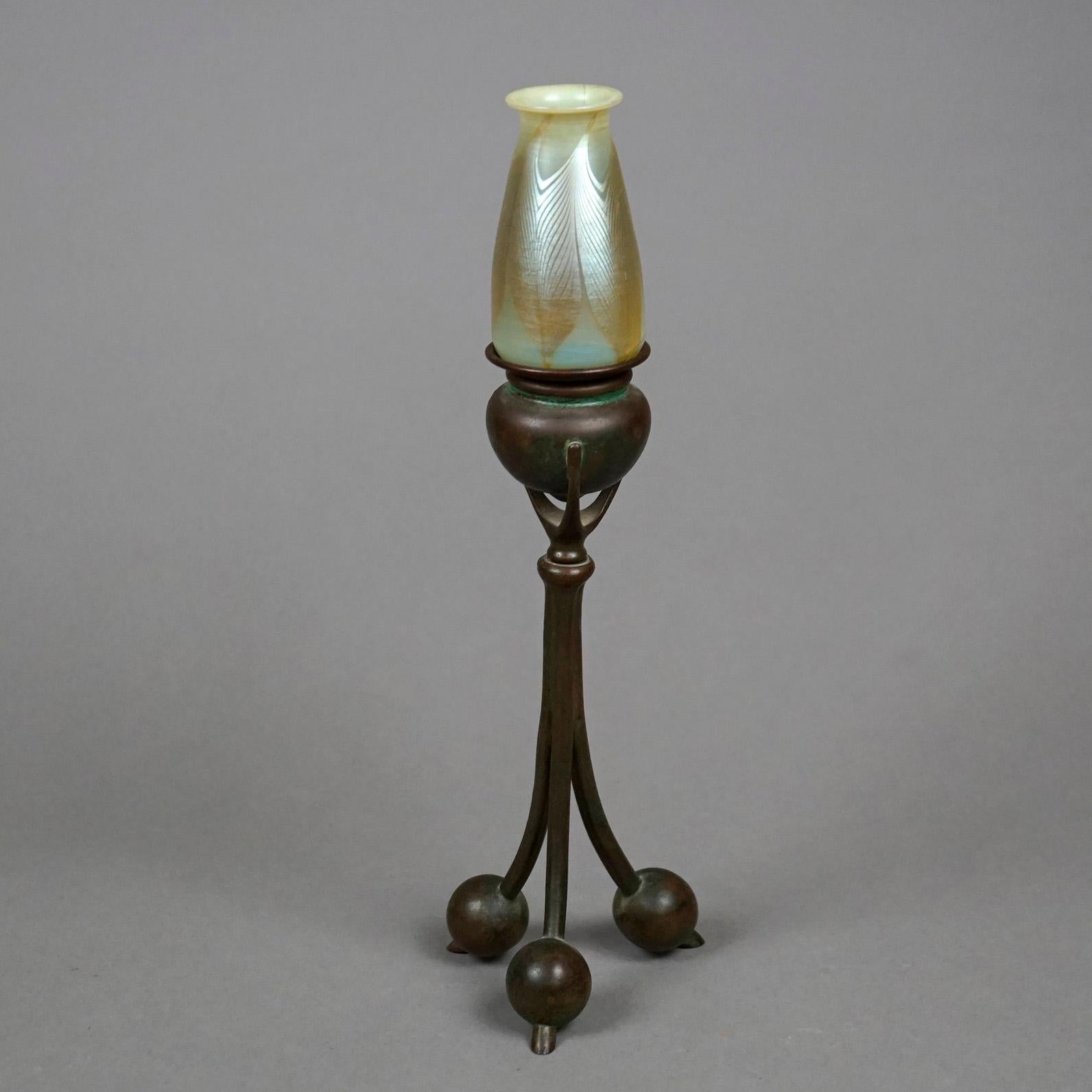 American Tiffany Bronze Candlestick & Favrile Feather Art Glass Shade, Signed, c1920