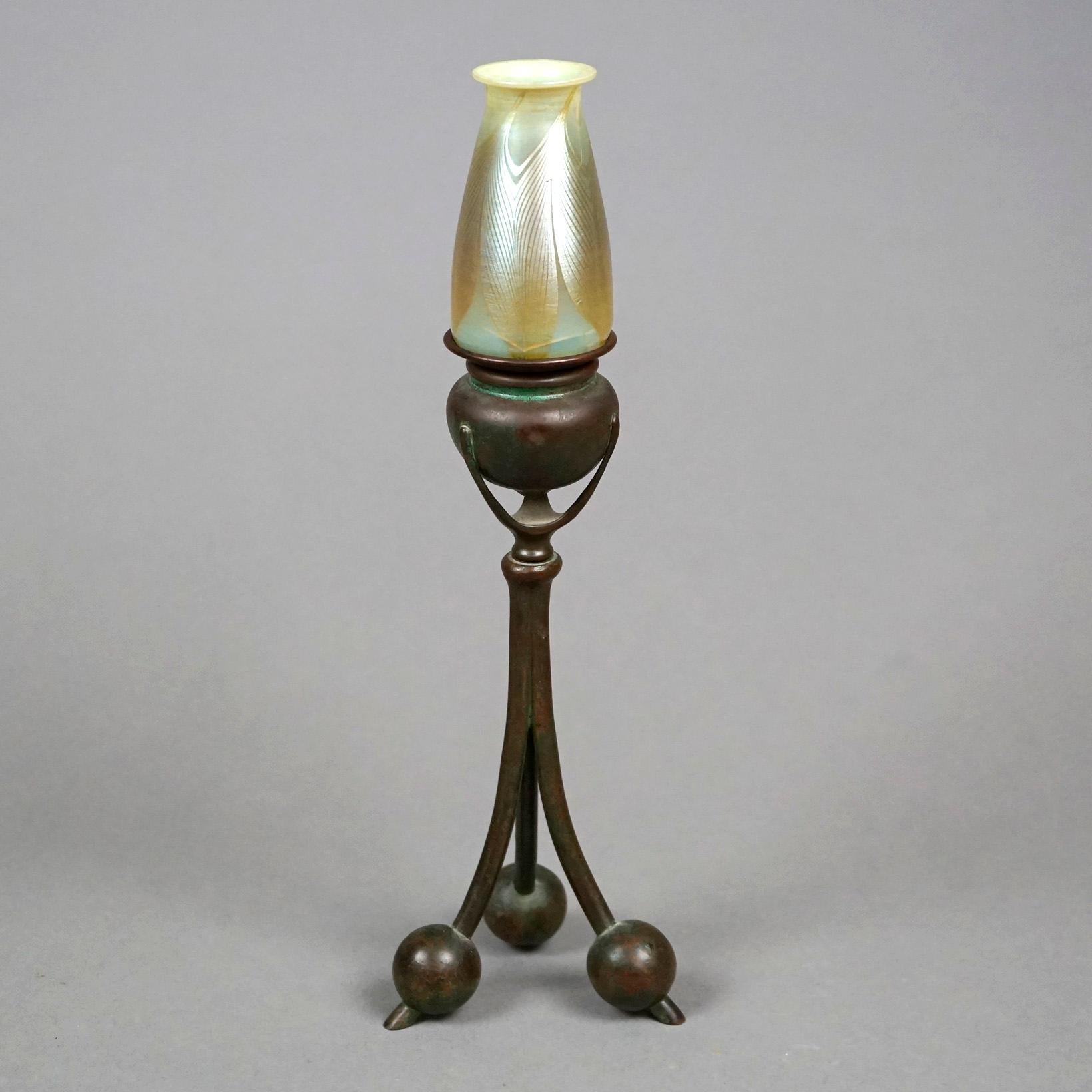 Cast Tiffany Bronze Candlestick & Favrile Feather Art Glass Shade, Signed, c1920