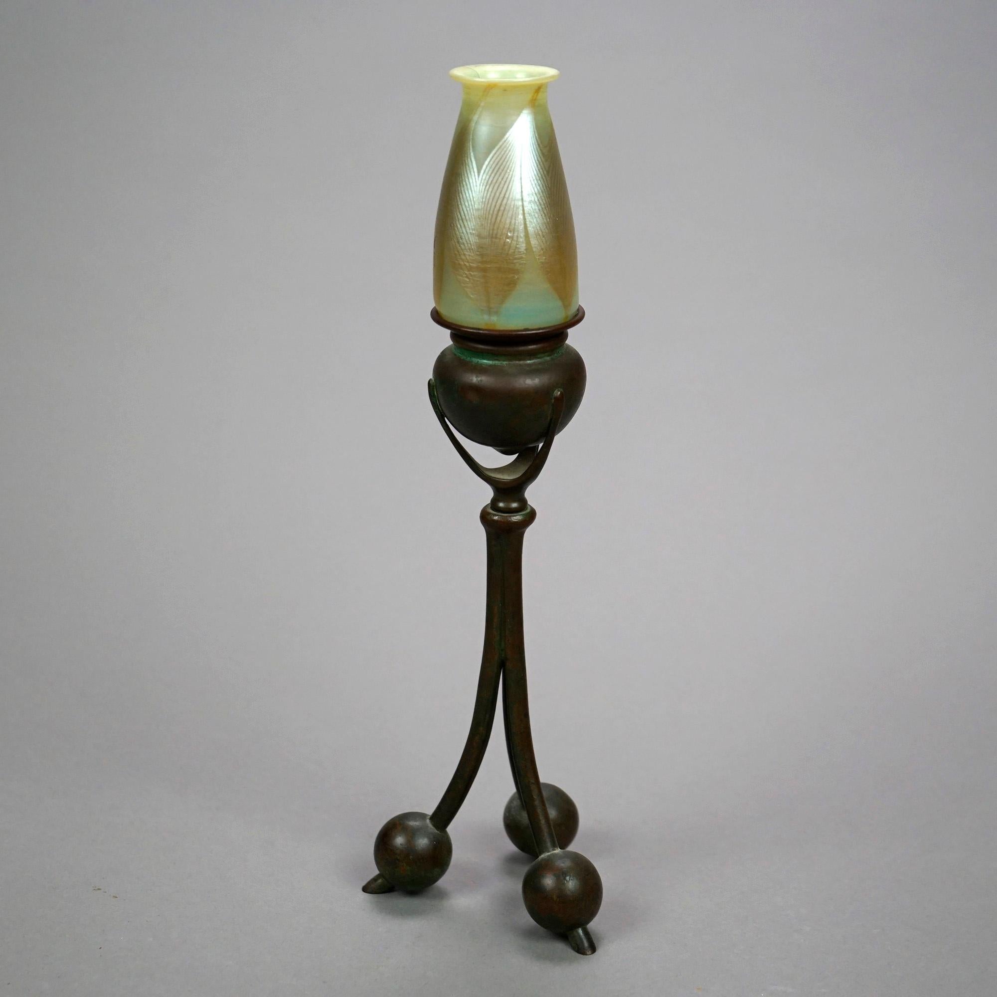 Tiffany Bronze Candlestick & Favrile Feather Art Glass Shade, Signed, c1920 In Good Condition In Big Flats, NY