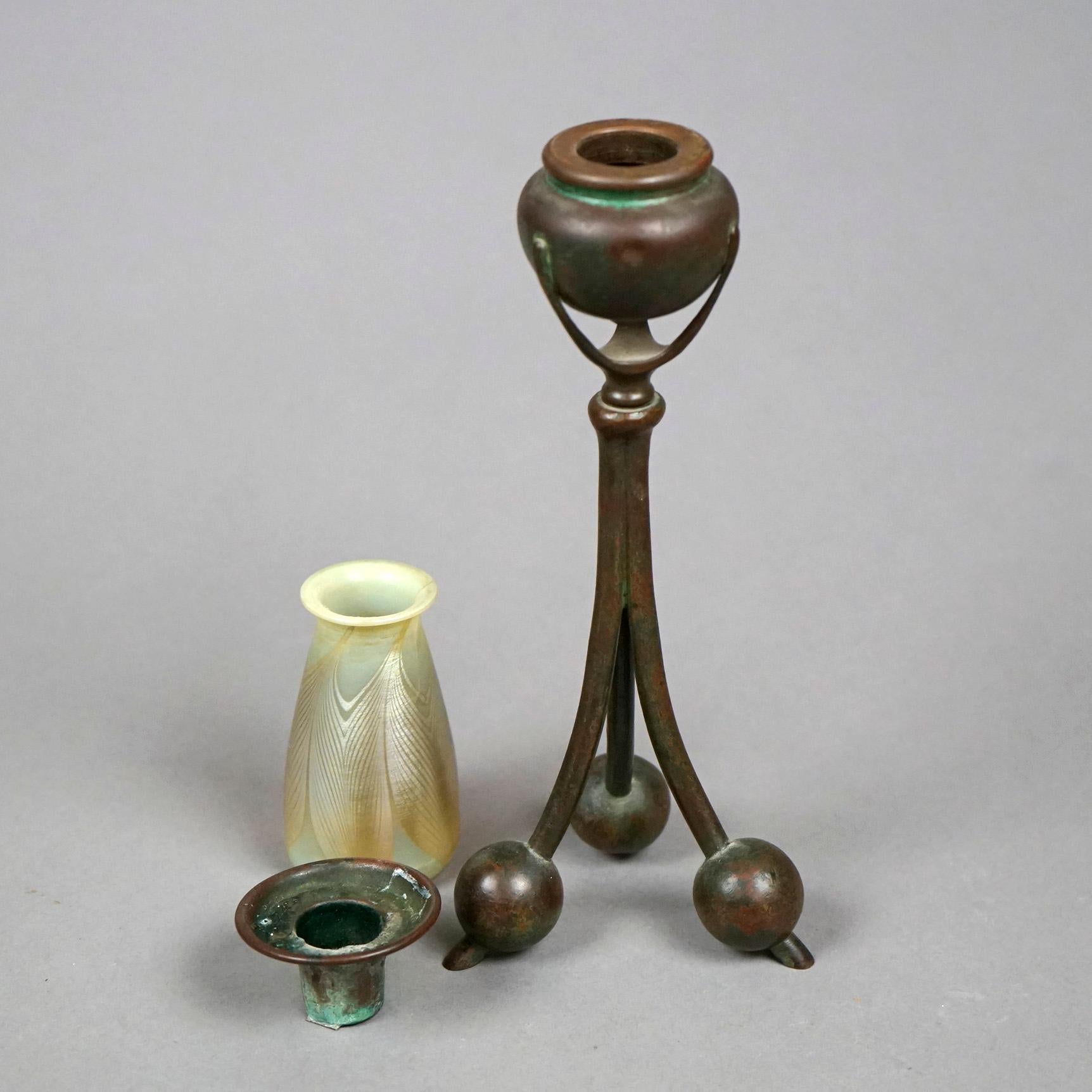 20th Century Tiffany Bronze Candlestick & Favrile Feather Art Glass Shade, Signed, c1920