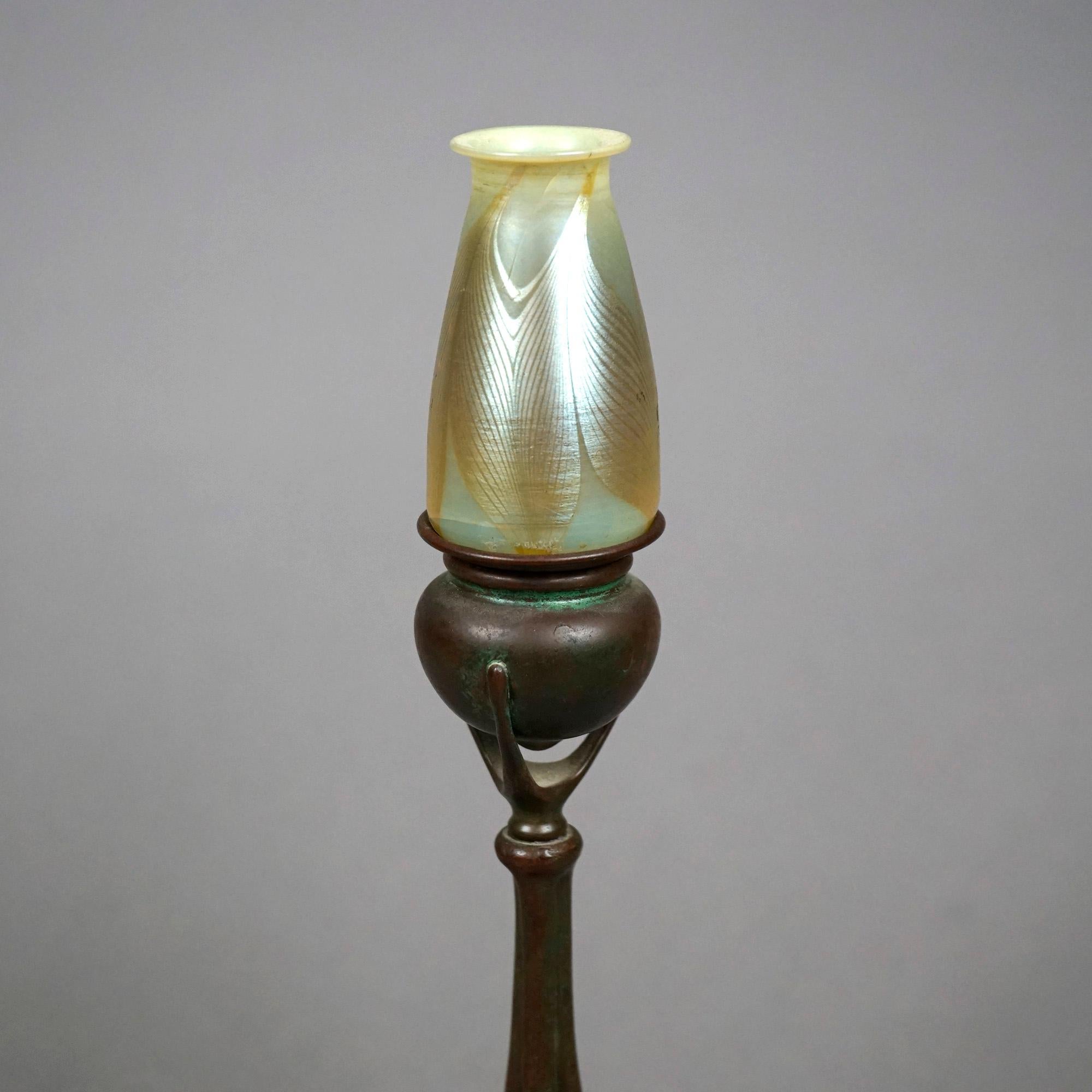 Tiffany Bronze Candlestick & Favrile Feather Art Glass Shade, Signed, c1920 1