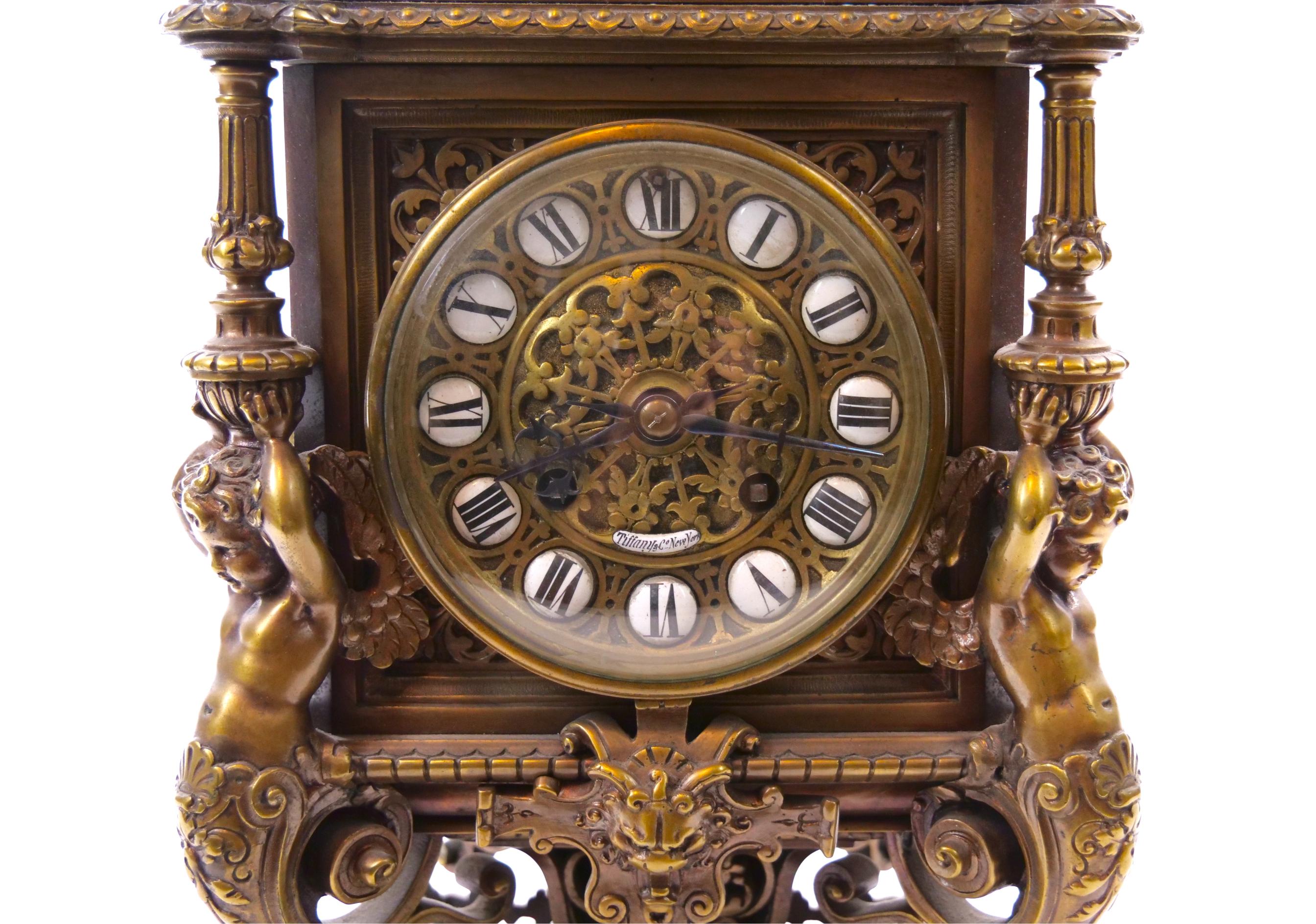Victorian Tiffany Bronze / Enameled Face Mantel Clock