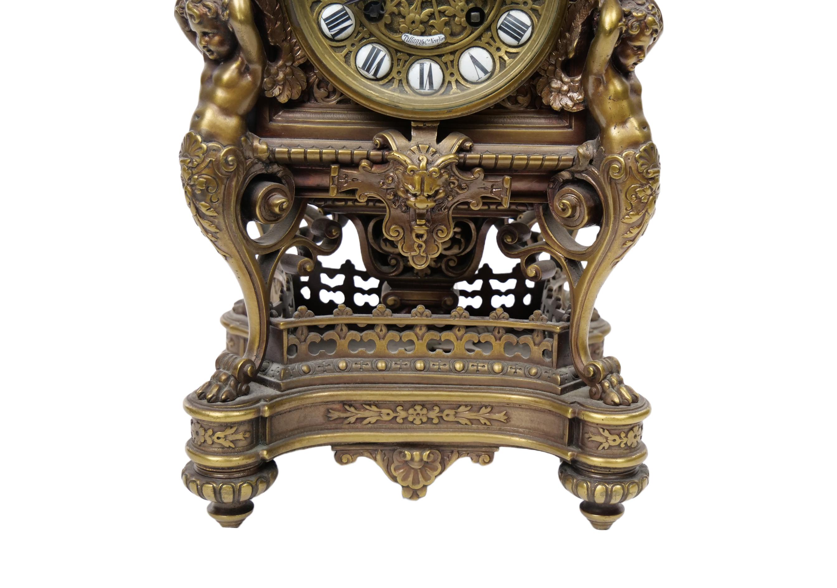 Tiffany Bronze / Enameled Face Mantel Clock In Good Condition In Tarry Town, NY