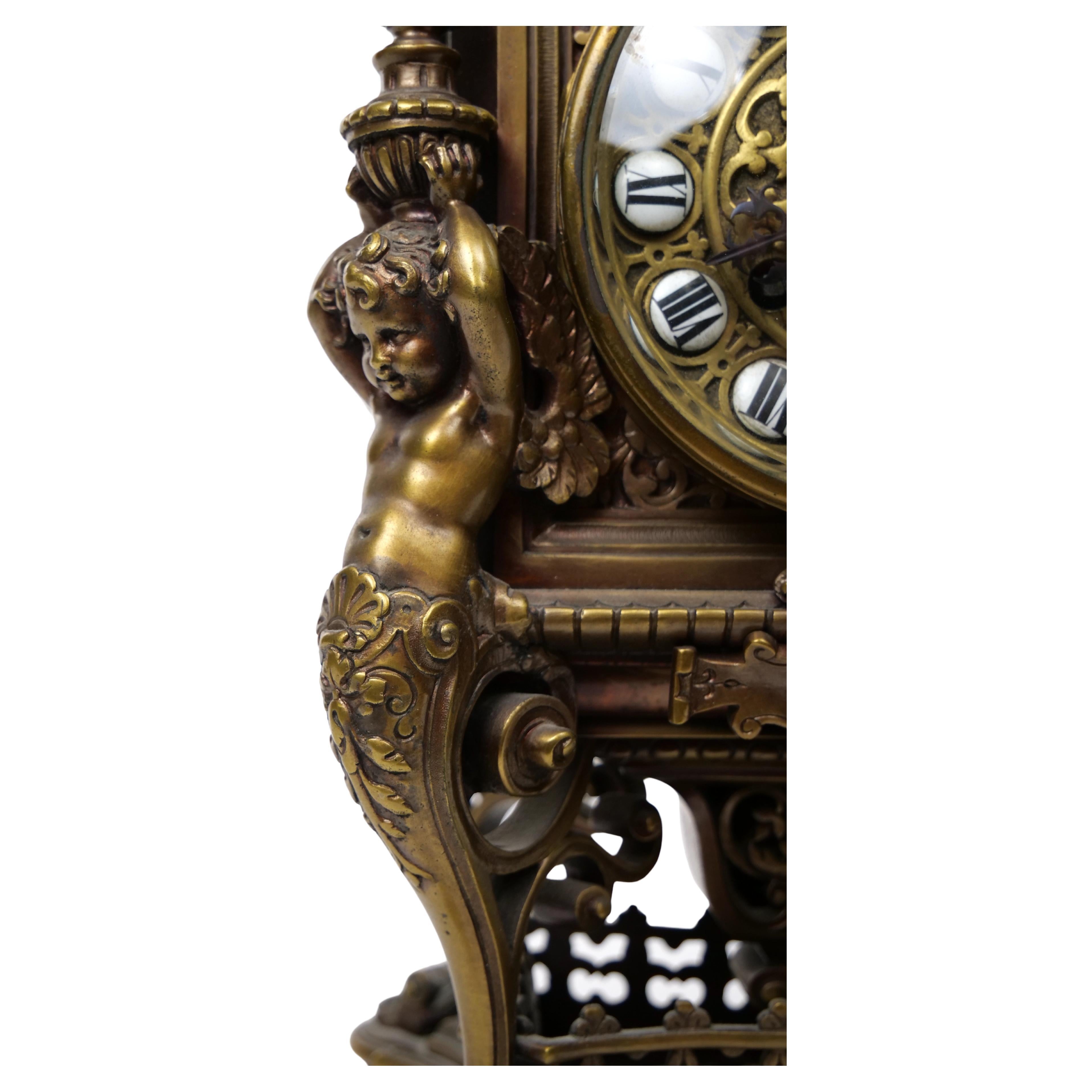 19th Century Tiffany Bronze / Enameled Face Mantel Clock