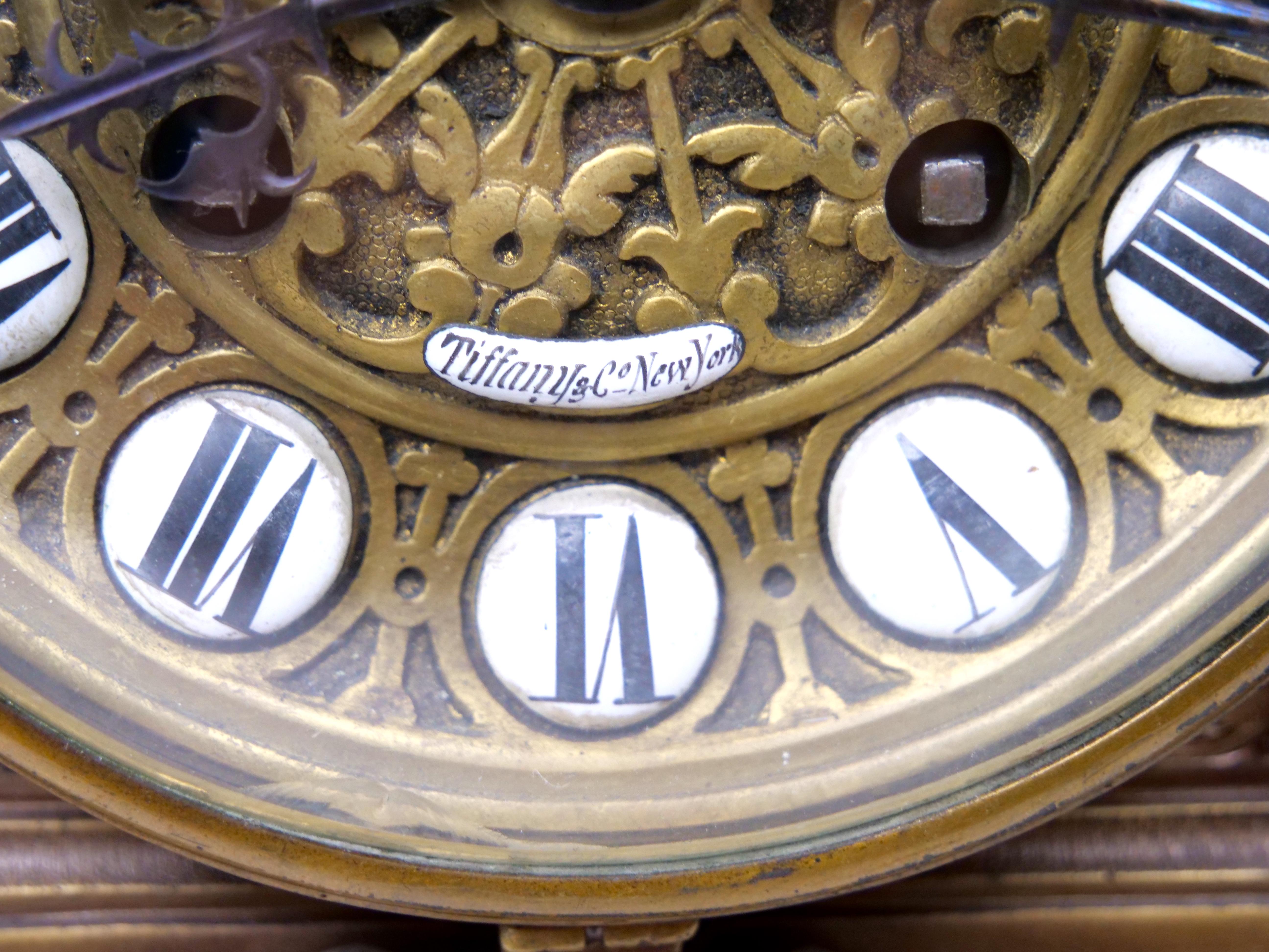 Glass Tiffany Bronze / Enameled Face Mantel Clock