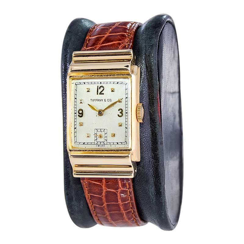 Tiffany by I. W. C. 14Kt. Gold Art Deco Tank Style Watch with Silver Dial 1940's In Excellent Condition For Sale In Long Beach, CA