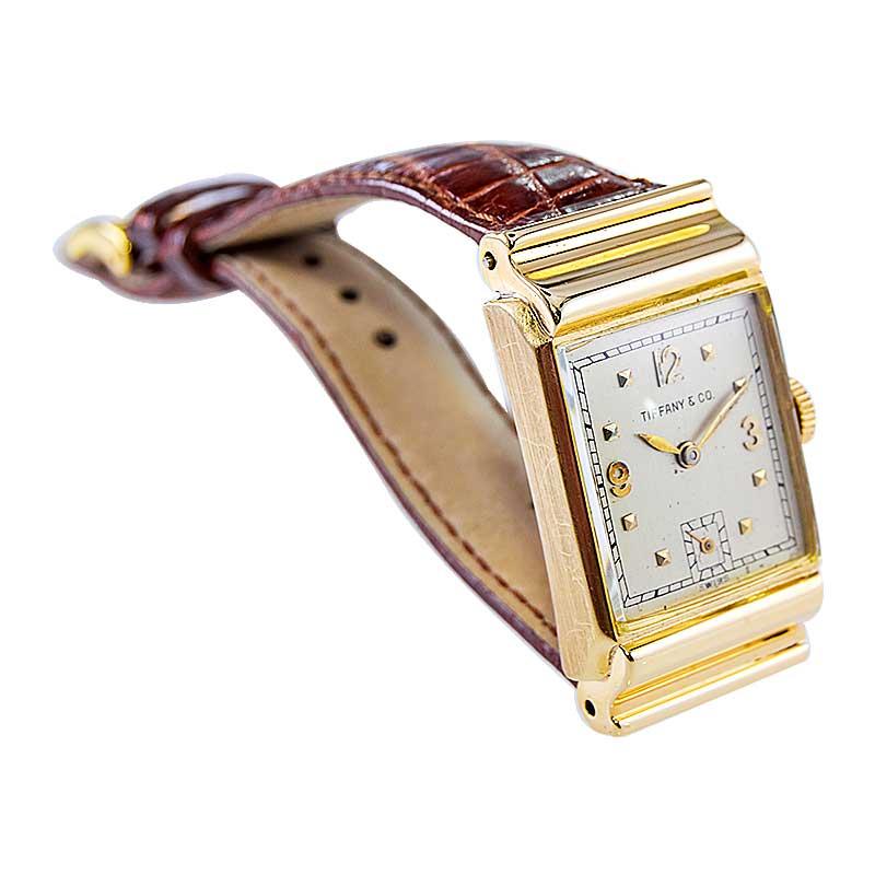 Women's or Men's Tiffany by I. W. C. 14Kt. Gold Art Deco Tank Style Watch with Silver Dial 1940's For Sale