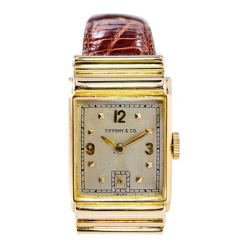 Tiffany by I. W. C. 14Kt. Gold Art Deco Tank Style Watch with Silver Dial 1940's For Sale 1
