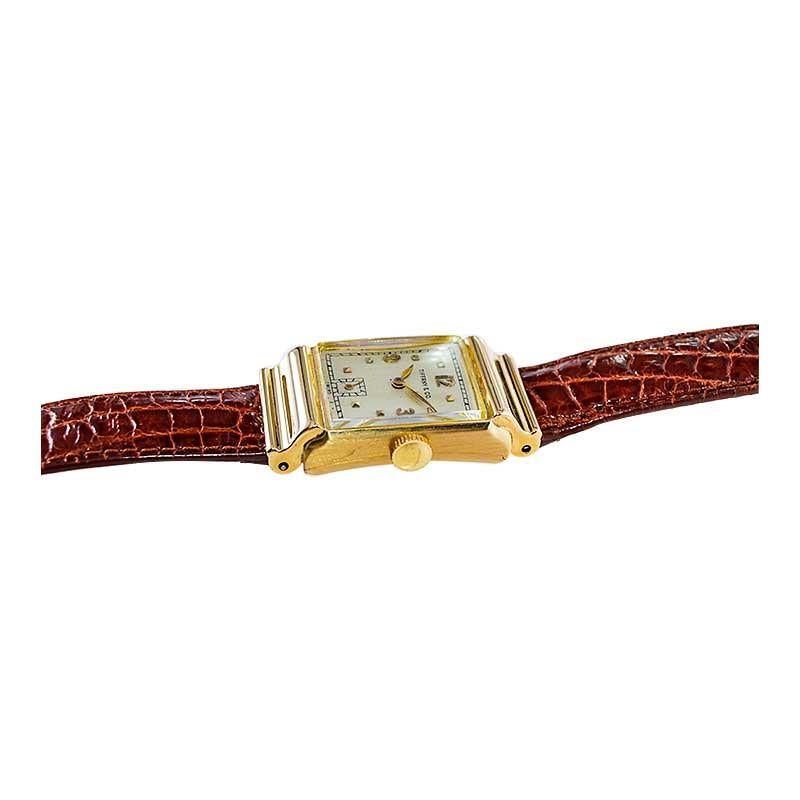 Tiffany by I. W. C. 14Kt. Gold Art Deco Tank Style Watch with Silver Dial 1940's For Sale 2