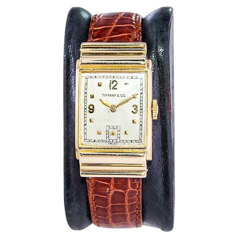 Tiffany by I. W. C. 14Kt. Gold Art Deco Tank Style Watch with Silver Dial 1940's For Sale