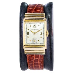 Tiffany by I. W. C. 14Kt. Gold Art Deco Tank Style Watch with Silver Dial 1940's