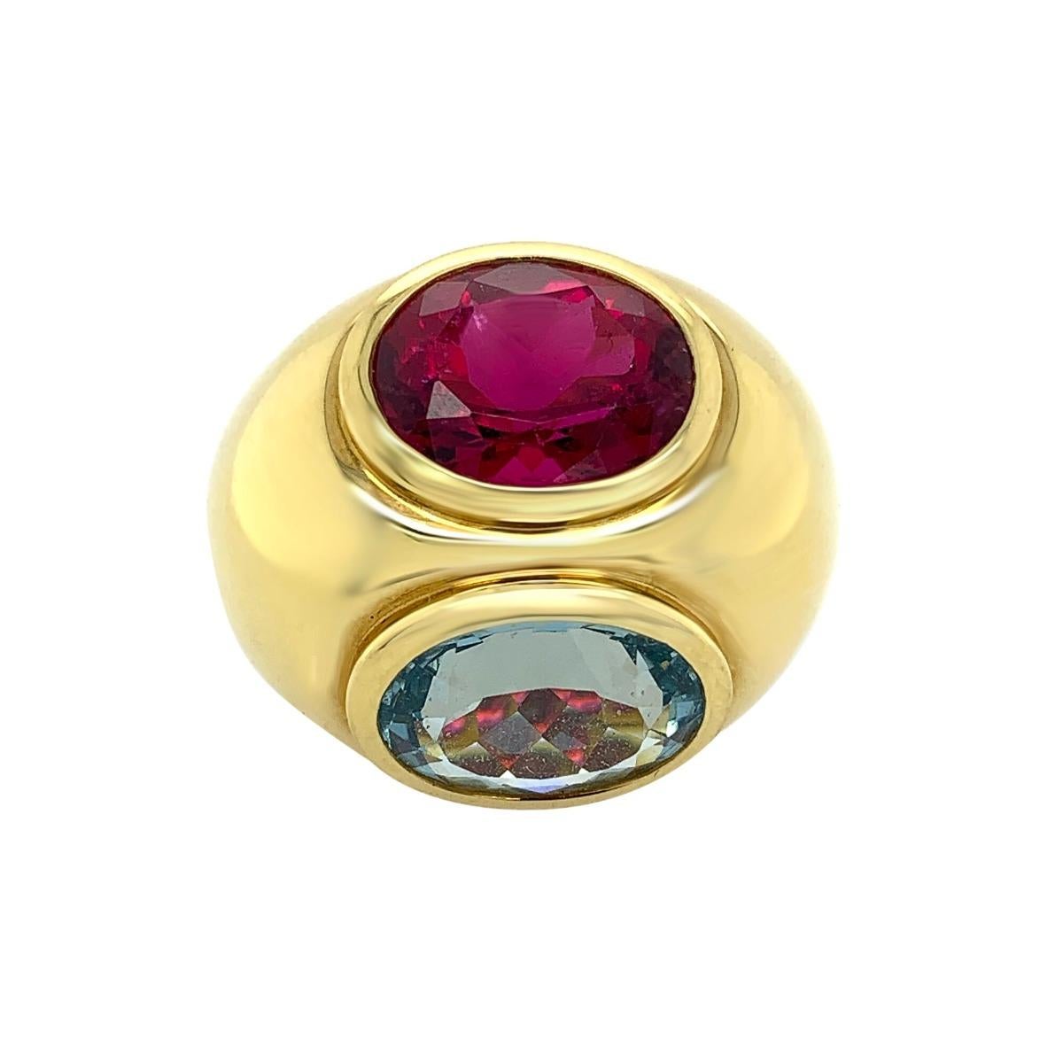 Metal: Gold
Condition: Excellent
Gemstone: Tourmaline, Aquamarine
Aquamarine Weight: 4.5 CT
Tourmaline Weight: 4 CT
Ring Size:7.5
Total Item Weight: 26.9 g