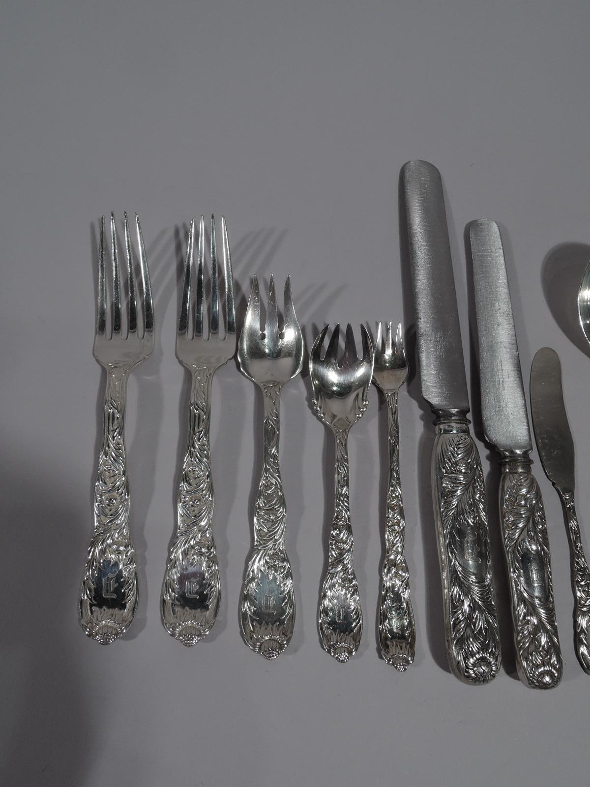 Chrysanthemum sterling silver dinner set. Made by Tiffany & Co. in New York, circa 1890.

This set comprises 145 pieces (dimensions in inches): Forks: 24 dinner forks (7 1/2), 12 salad/terrapin forks (6 3/8), 12 seafood forks (6), and 12 ice cream