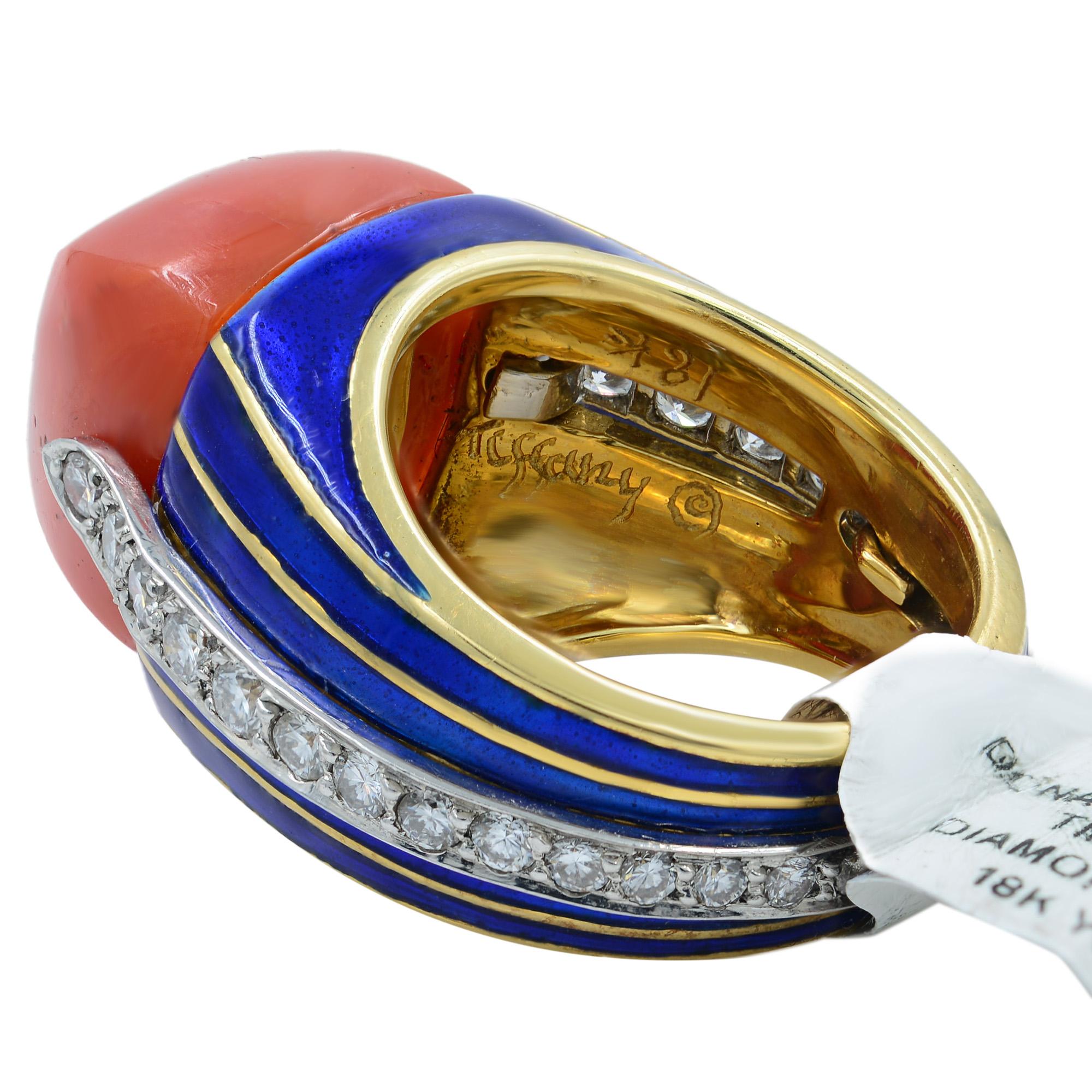 Tiffany Circa 1970 Donald Clafin Coral Diamond Enamel Ring 18K Gold 17gr

Donald Claflin was one of Tiffany's most innovative designers, creating whimsical, colorful works, often depicting animals and figures, set with semi-precious gemstones and