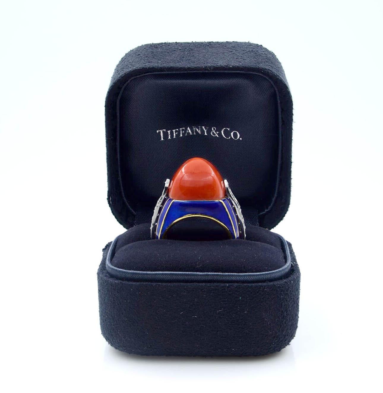 Tiffany & Co Circa 1970 Donald Clafin Coral Diamond Enamel Ring 18K Gold 17gr 2