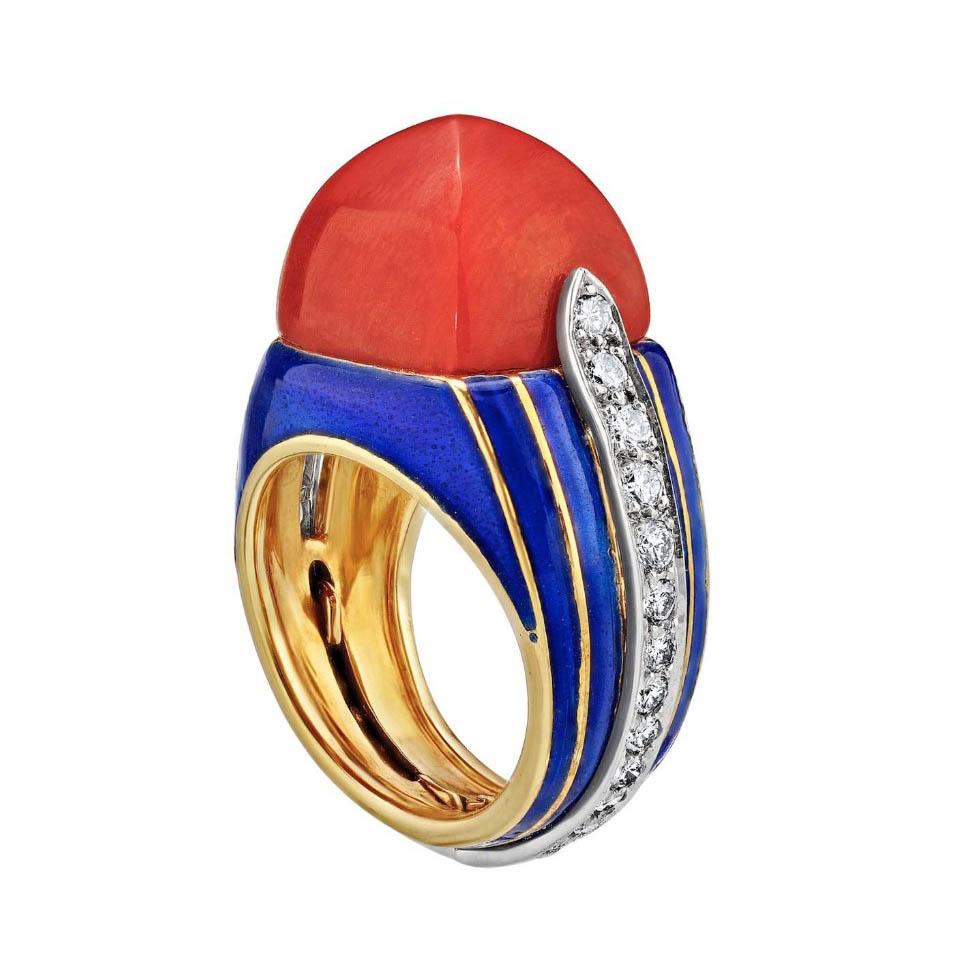 Tiffany & Co Circa 1970 Donald Clafin Coral Diamond Enamel Ring 18K Gold 17gr