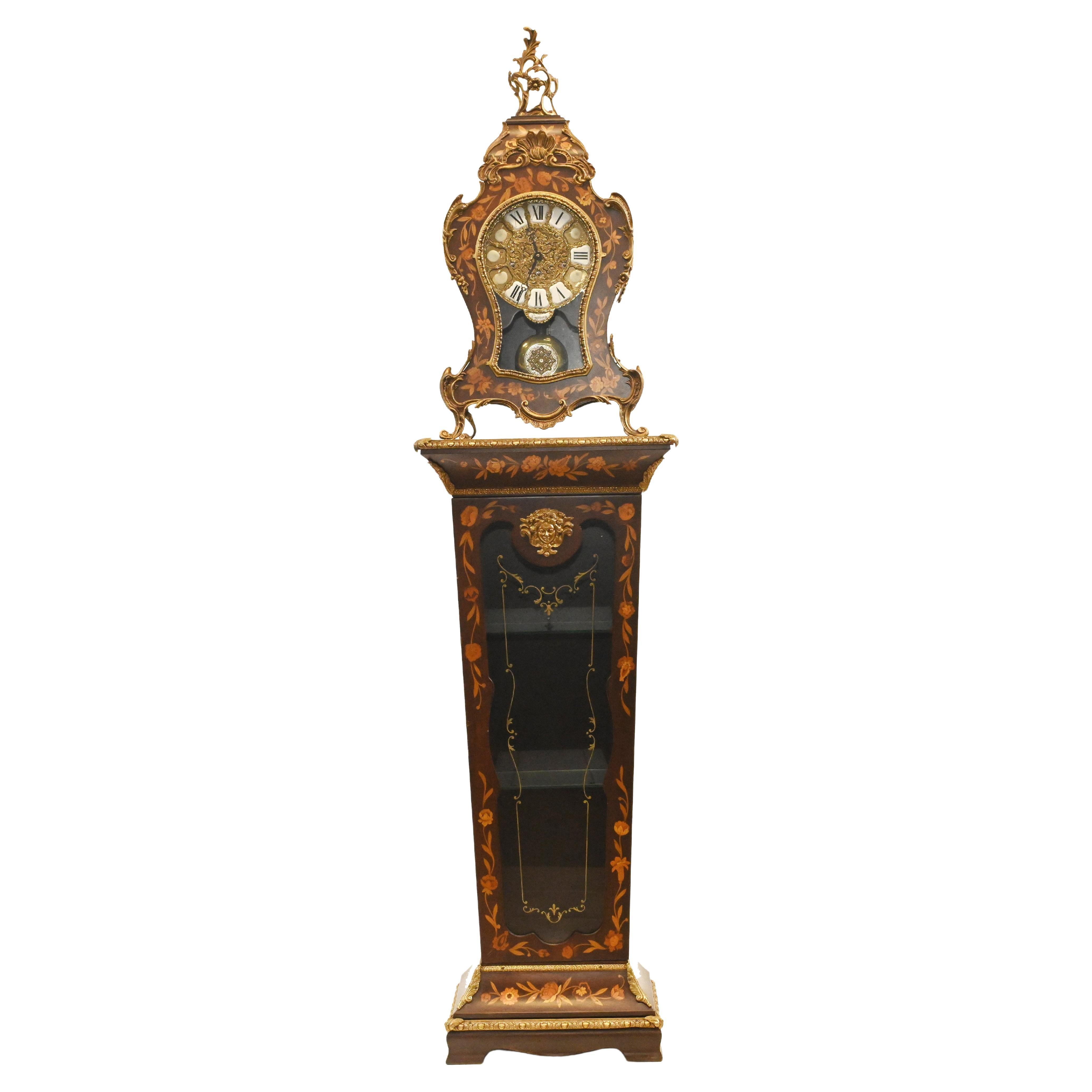 Tiffany Clock on Stand Cabinet Italian Marquetry Inlay Chiming